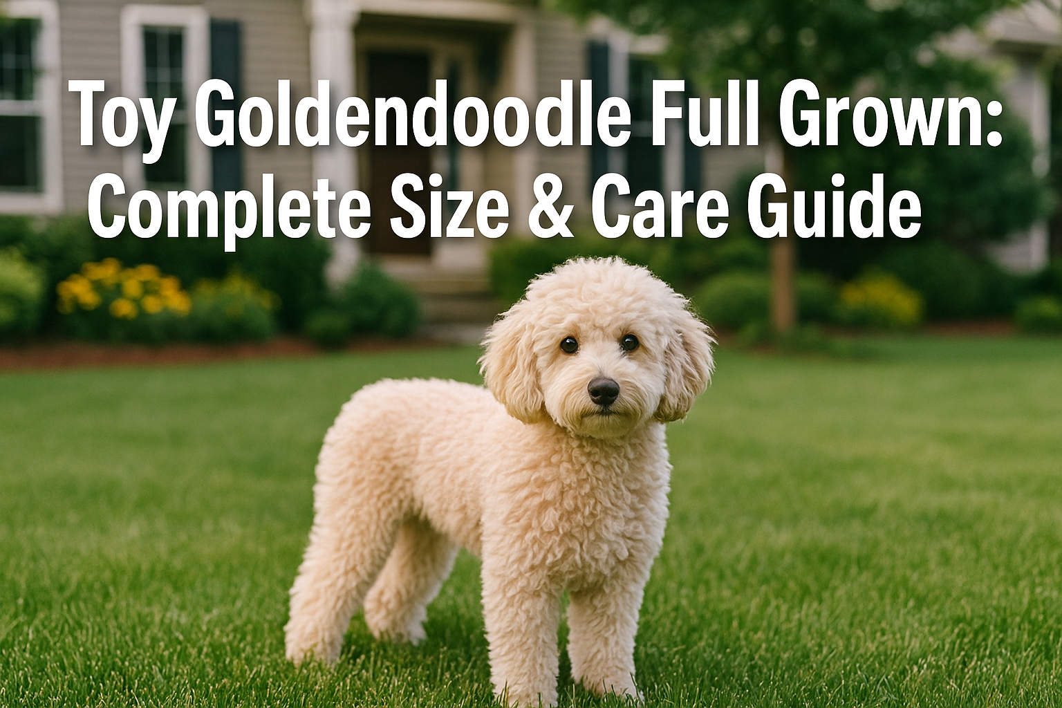 Professional landscape hero image (1536x1024) featuring an adorable fully grown Toy Goldendoodle with fluffy cream-colored curly coat standi