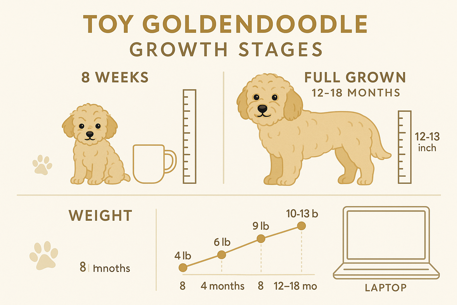 Detailed infographic showing Toy Goldendoodle growth stages from 8 weeks to full grown adult at 12-18 months, side-by-side comparison photos