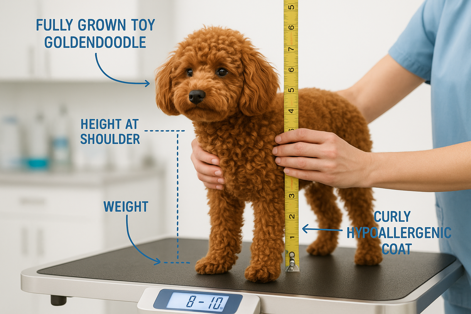 Professional photograph of fully grown Toy Goldendoodle being measured and weighed at veterinary clinic, digital scale showing 8-10 pounds,