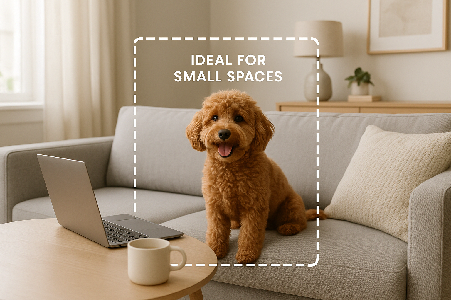 Lifestyle photograph of adult Toy Goldendoodle in modern living room demonstrating perfect apartment-sized companion, dog sitting on contemp
