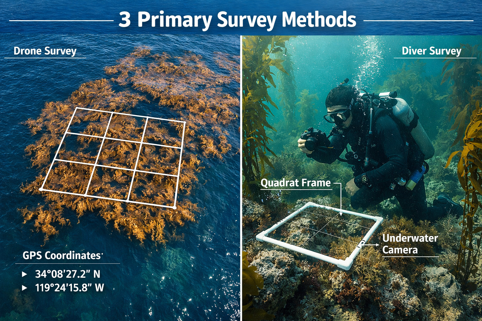 () editorial image showing split-screen comparison of kelp forest monitoring technologies. Left side: aerial view from drone