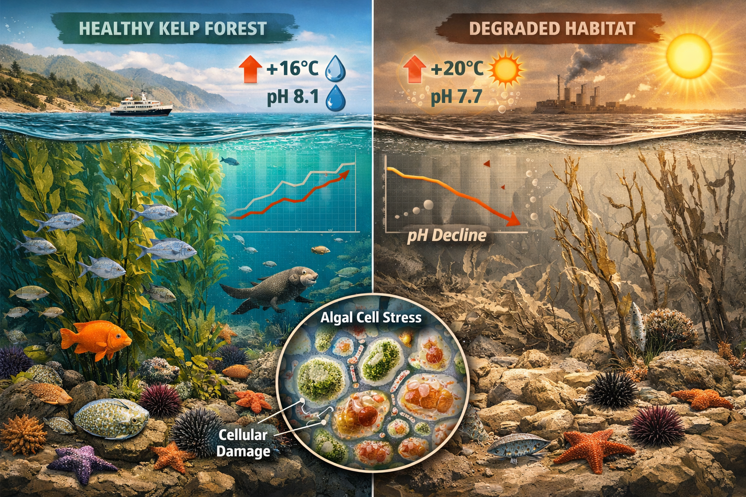 Detailed scientific illustration depicting coastal marine ecosystem transformation, showing healthy kelp forest