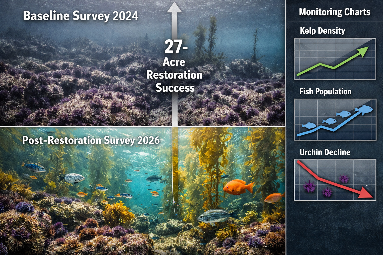() powerful before-and-after comparison image showing kelp forest restoration monitoring results. Top half labeled 'Baseline
