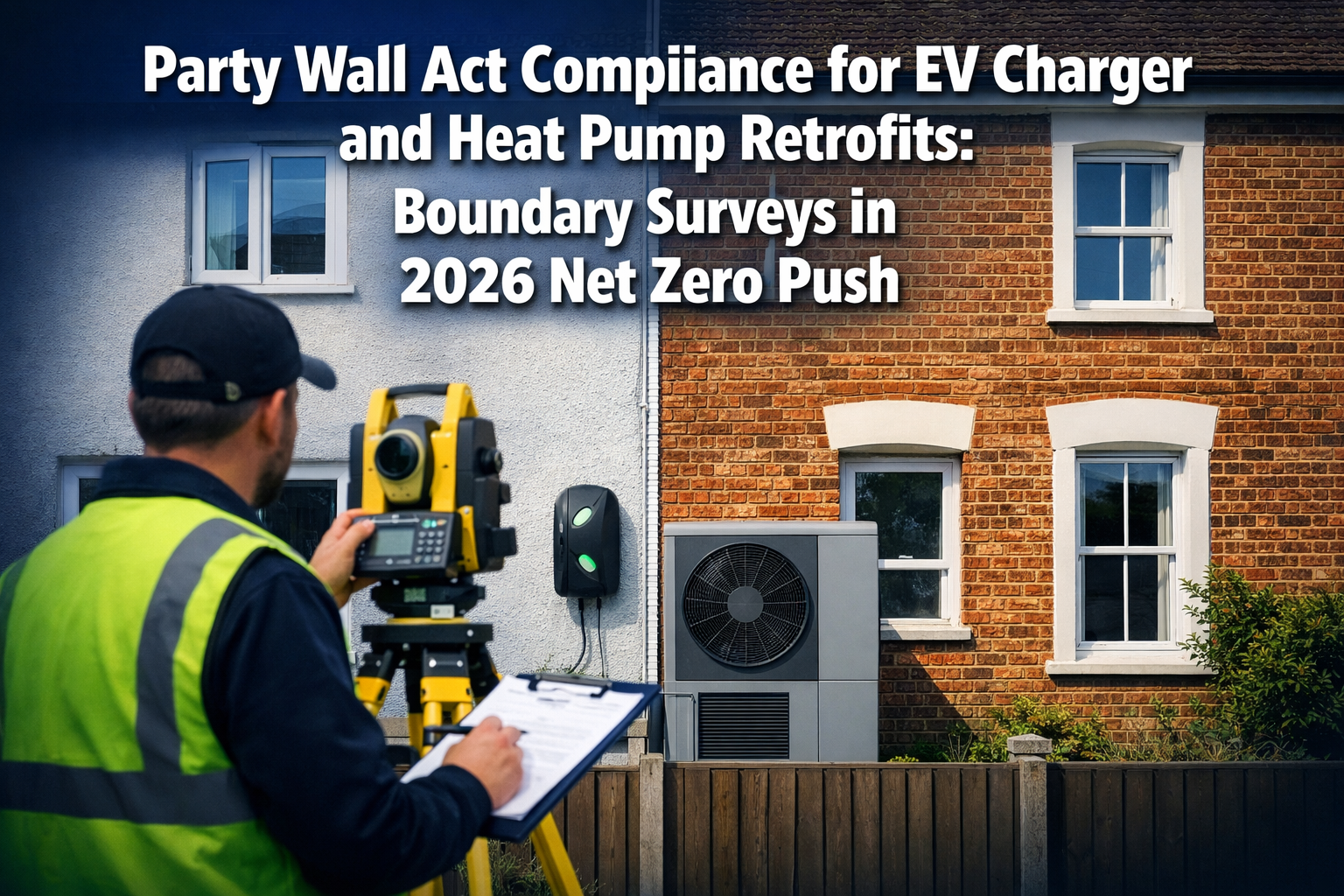 Professional () editorial hero image featuring 'Party Wall Act Compliance for EV Charger and Heat Pump Retrofits: Boundary
