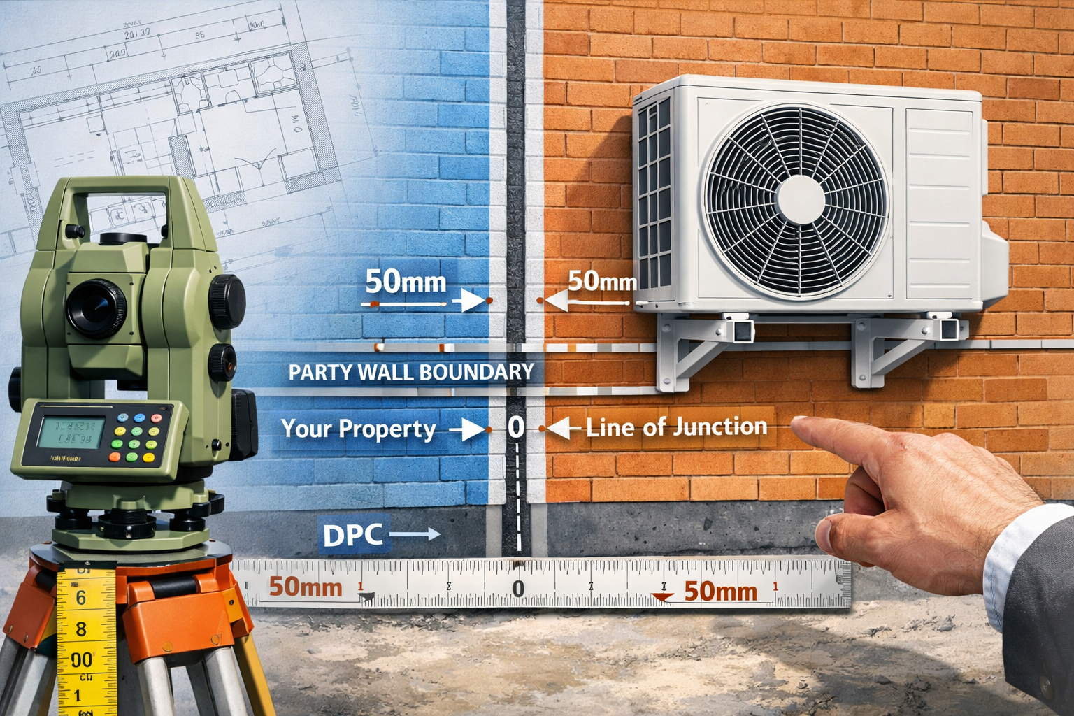 Detailed () image showing close-up view of UK party wall boundary with technical surveying equipment in foreground,
