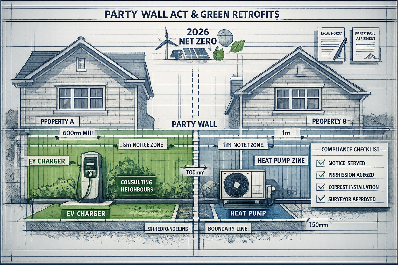 Detailed architectural illustration showing Party Wall Act legal framework for green retrofits, featuring split-screen