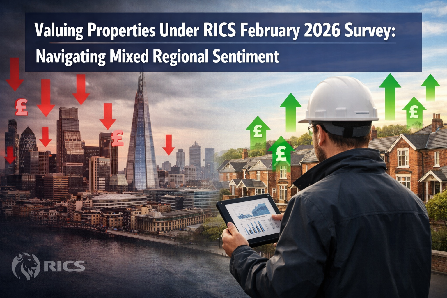 Professional () hero image featuring 'Valuing Properties Under RICS February 2026 Survey: Navigating Mixed Regional