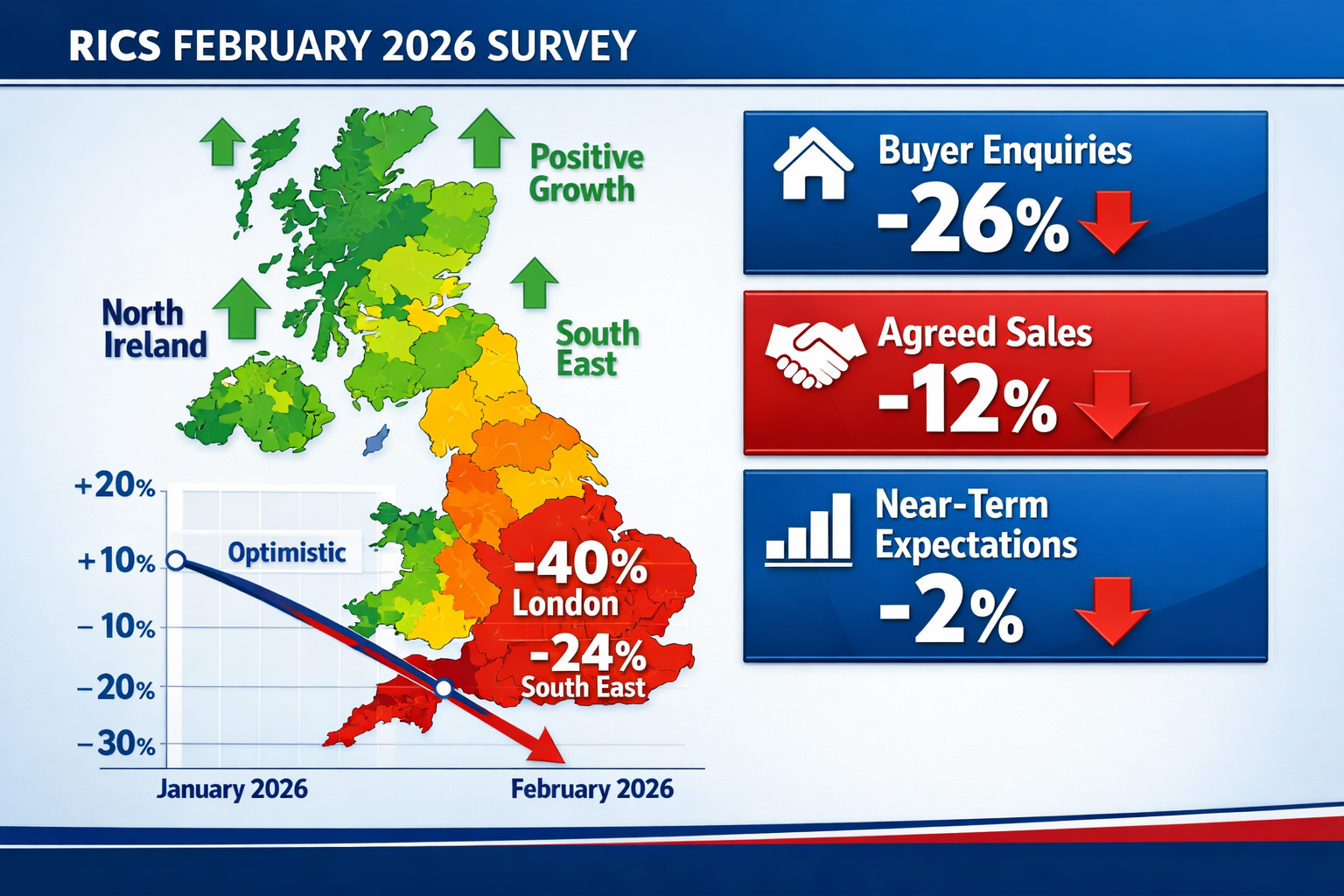 Detailed () image showing UK map with regional property price heat map , color-coded zones from deep red (London -40%, South