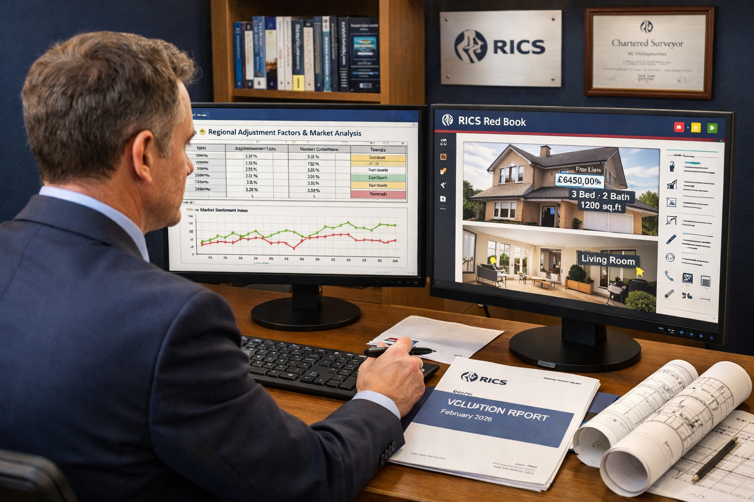 Detailed () image depicting professional chartered surveyor in modern office conducting property valuation using dual
