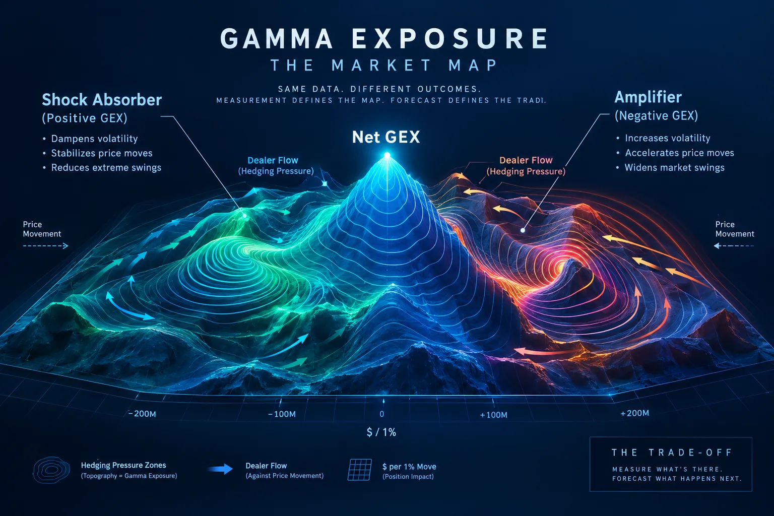 Gamma exposure market map showing positive GEX as a shock absorber and negative GEX as an amplifier