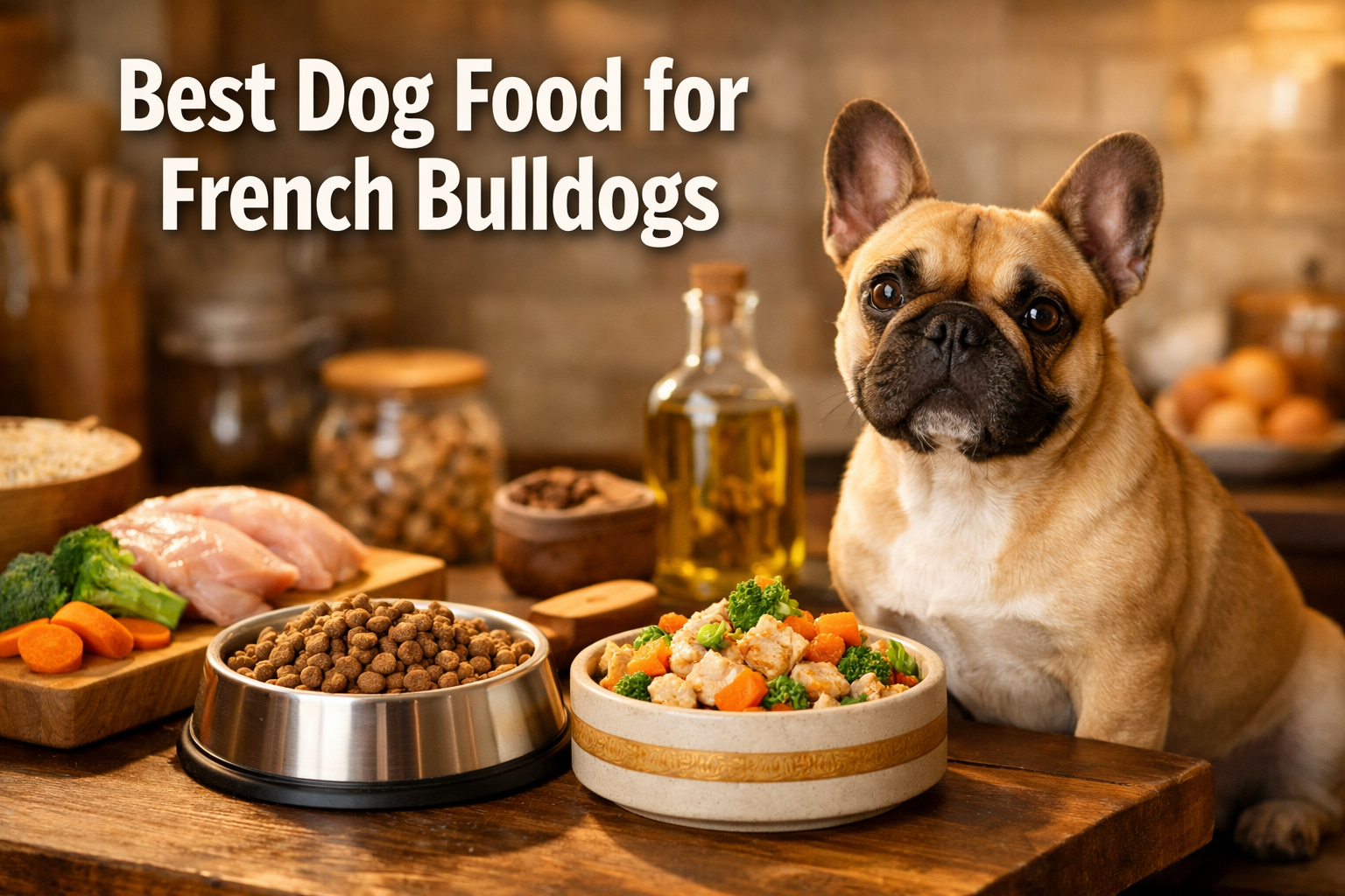 Professional landscape format (1536x1024) hero image with bold text overlay 'Best Dog Food for French Bulldogs' in extra large 72pt white sa