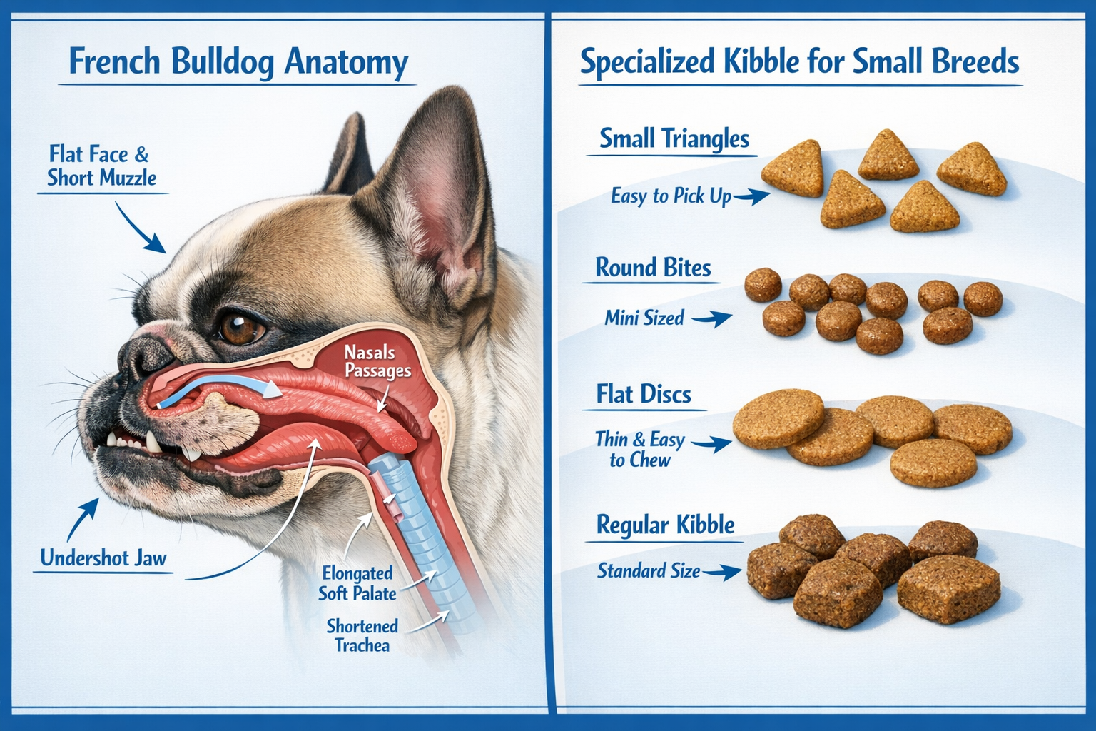 Detailed landscape format (1536x1024) image showing French Bulldog's unique facial features and flat snout next to specially designed kibble