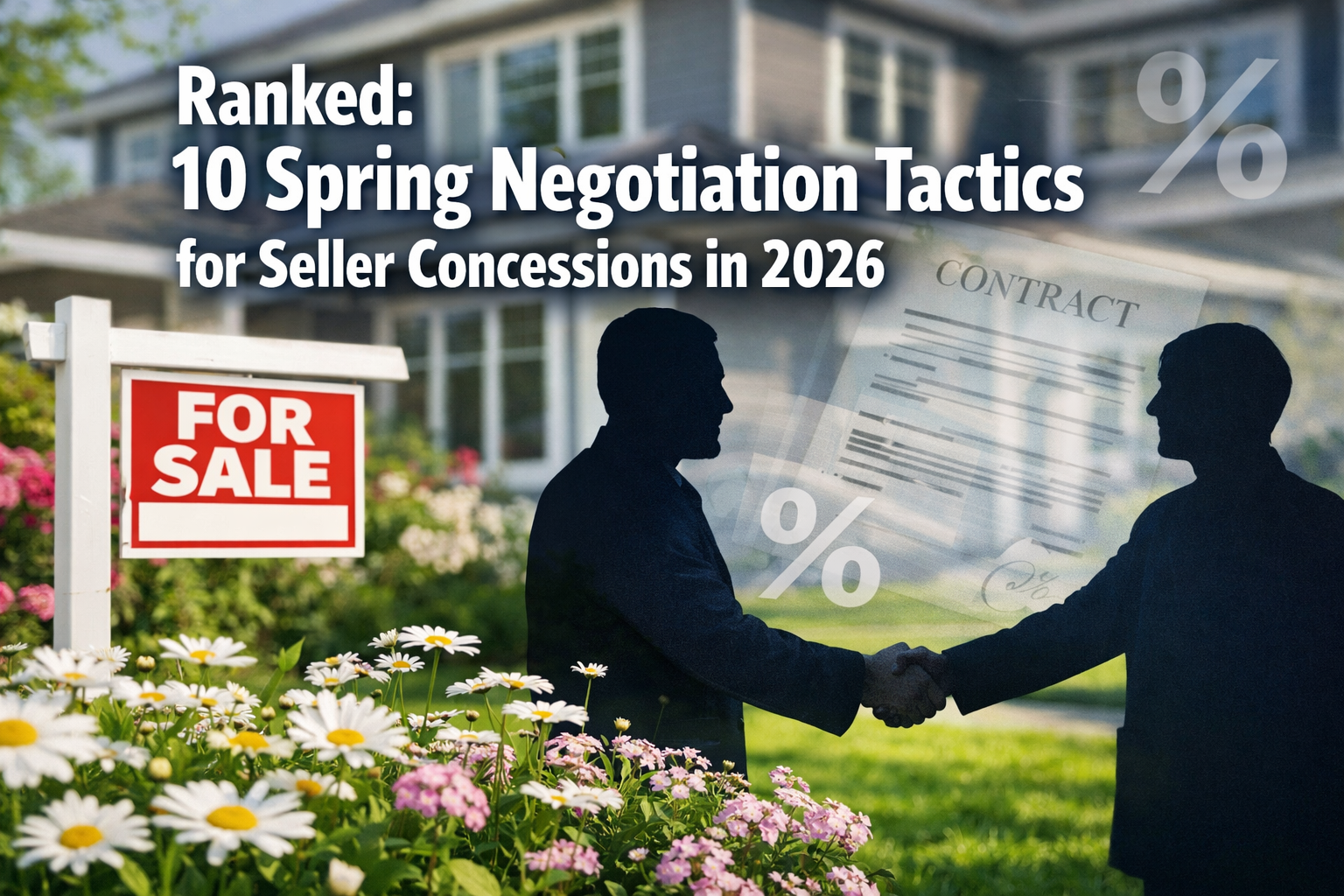 Professional landscape format (1536x1024) hero image featuring bold text overlay 'Ranked: 10 Spring Negotiation Tactics for Seller Concessio
