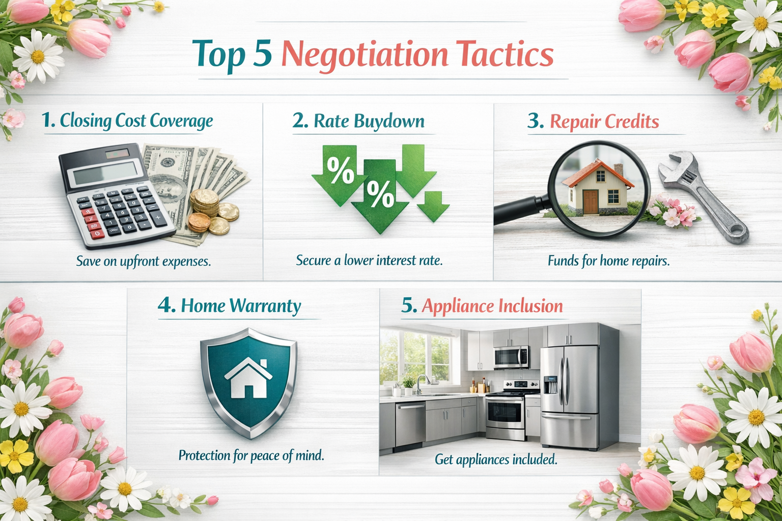 Landscape format (1536x1024) split-screen composition showing top 5 negotiation tactics as numbered list with icons: closing cost coverage w