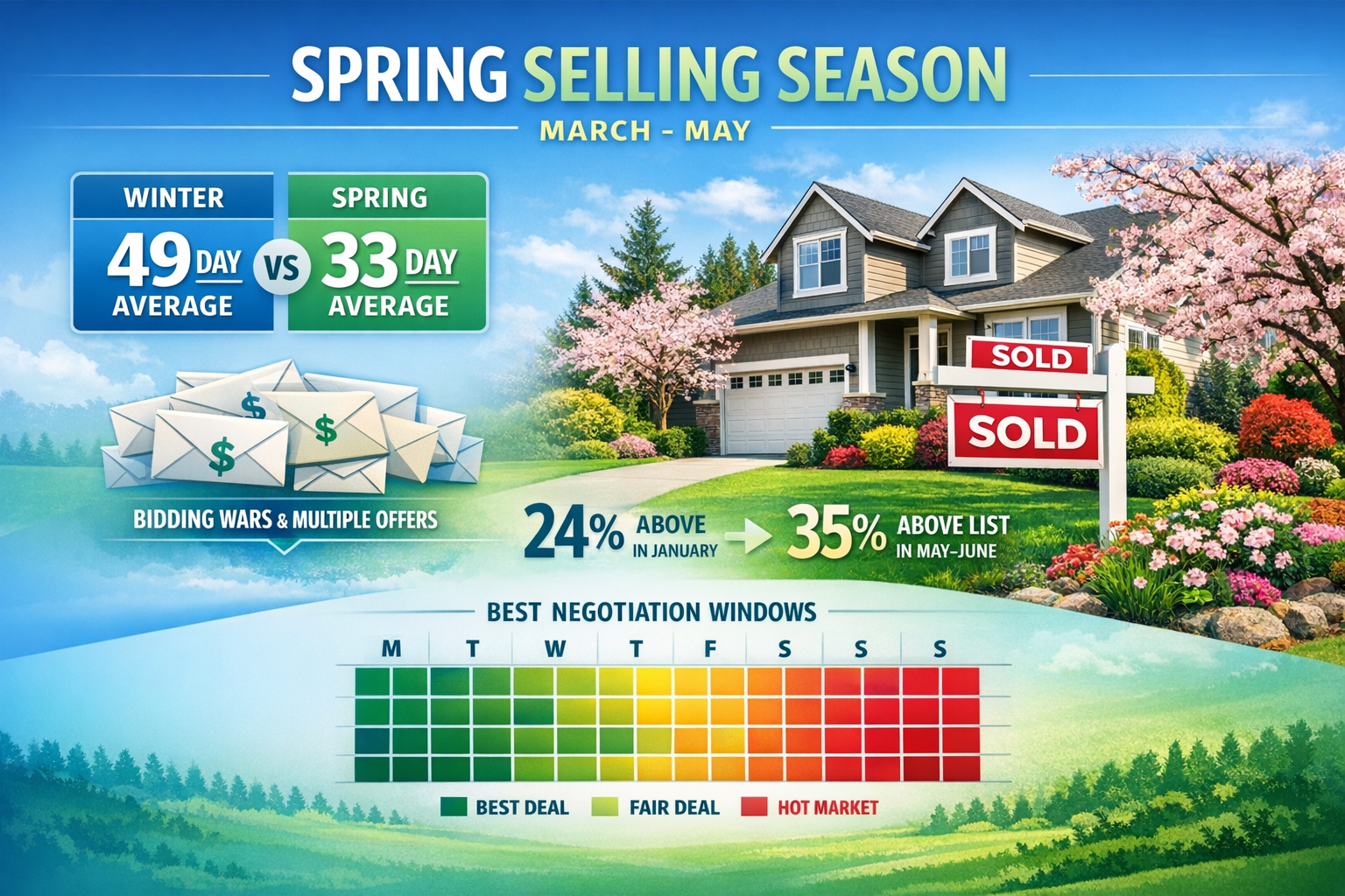 Landscape format (1536x1024) strategic timeline visualization showing spring selling season March-May with 33-day average sale time versus w