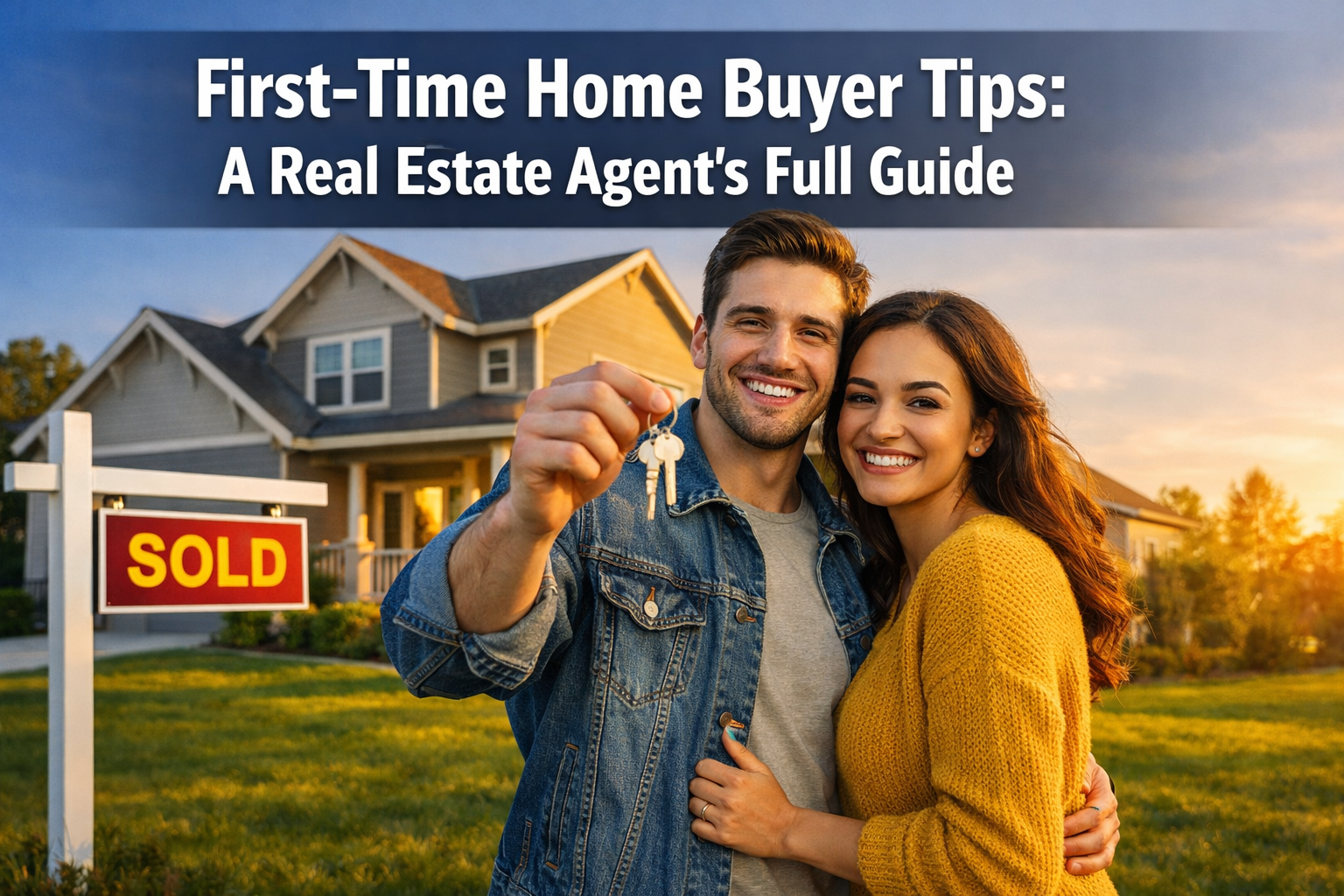 Professional () hero image with : 'First-Time Home Buyer Tips: A Real Estate Agent's Full Guide' in extra large white with