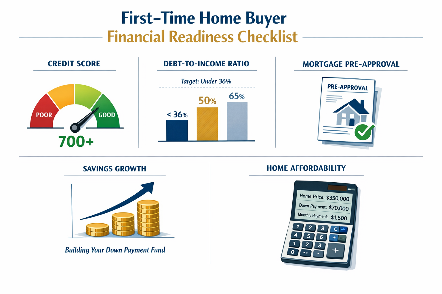 Detailed () infographic-style illustration showing a financial readiness checklist for first-time home buyers: credit score