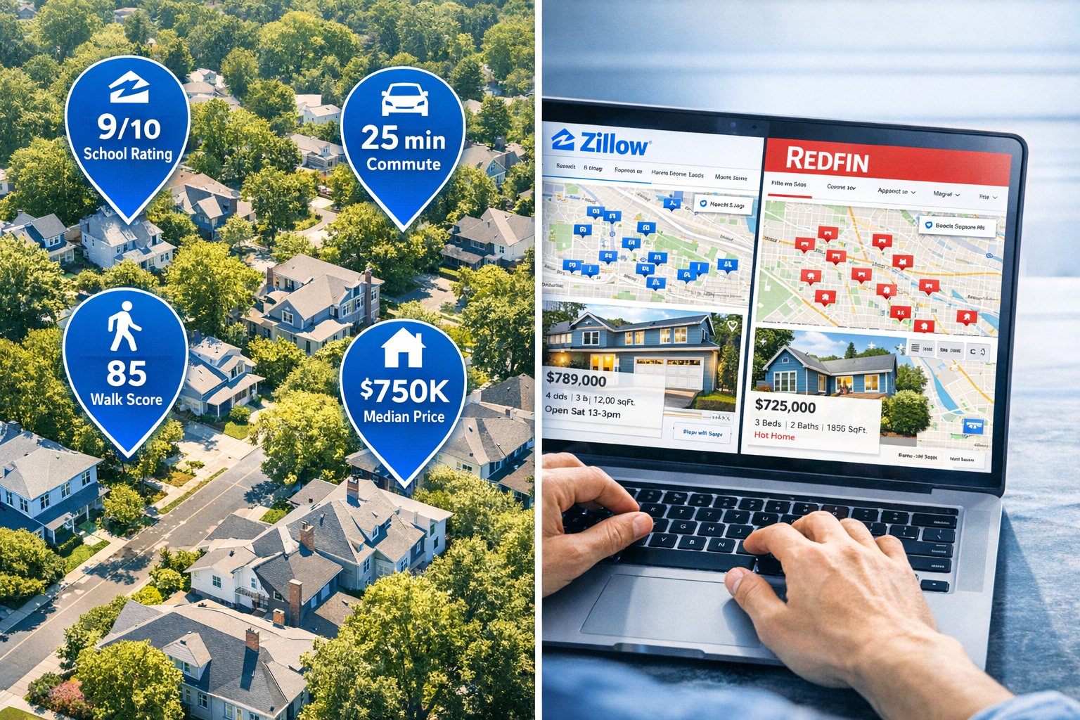 () overhead aerial view of a diverse residential neighborhood with tree-lined streets, showing different home styles and