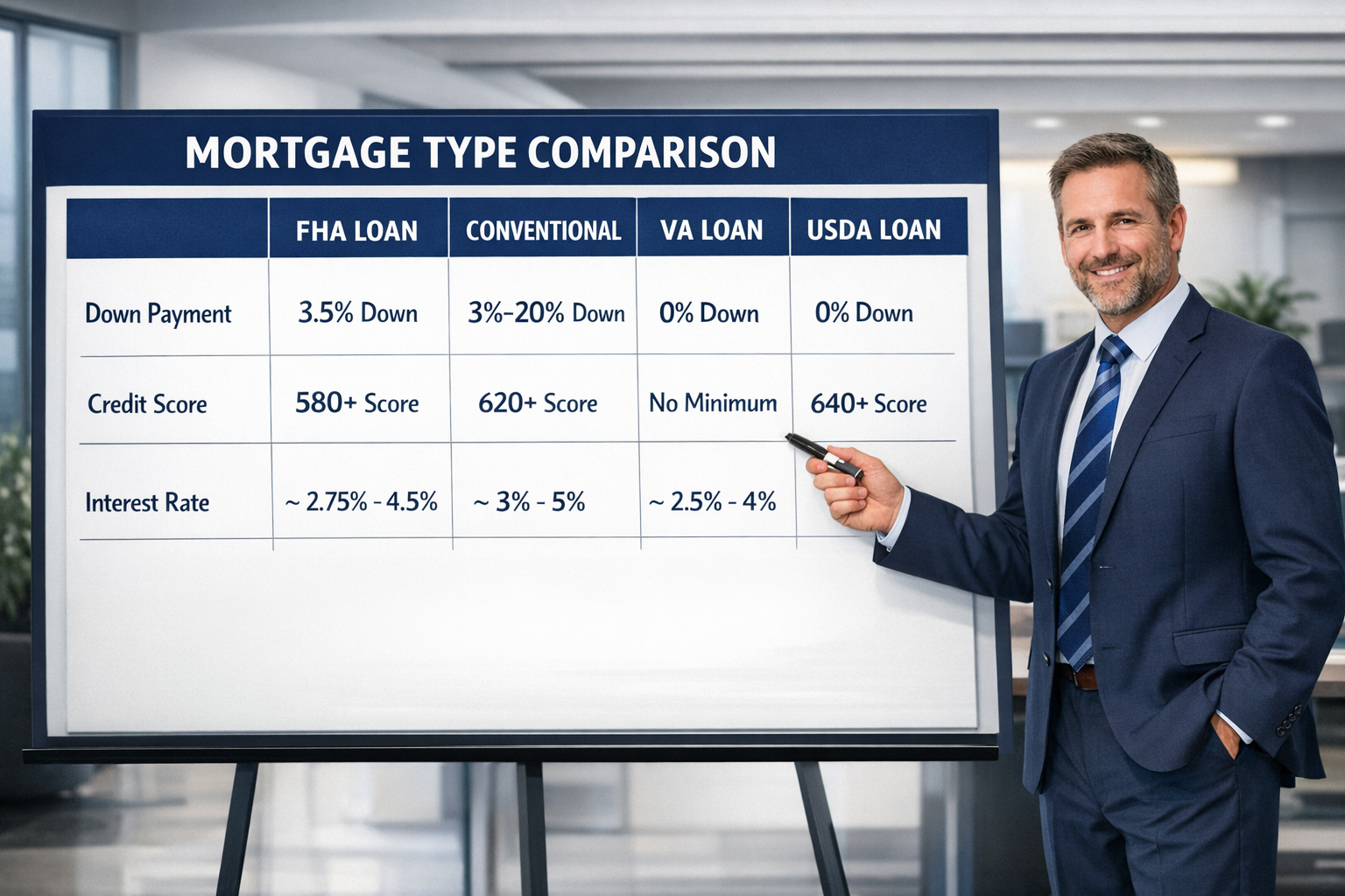 () split comparison table visual showing mortgage type comparisons: FHA loan vs Conventional vs VA loan vs USDA loan, with