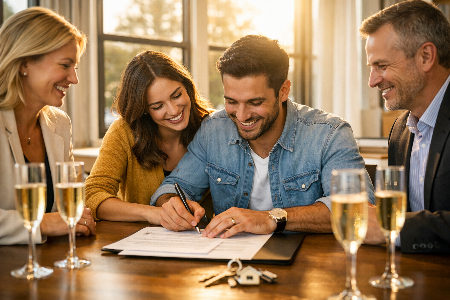 () dramatic wide-angle shot of a home closing ceremony at a real estate office: a joyful first-time buyer couple signing