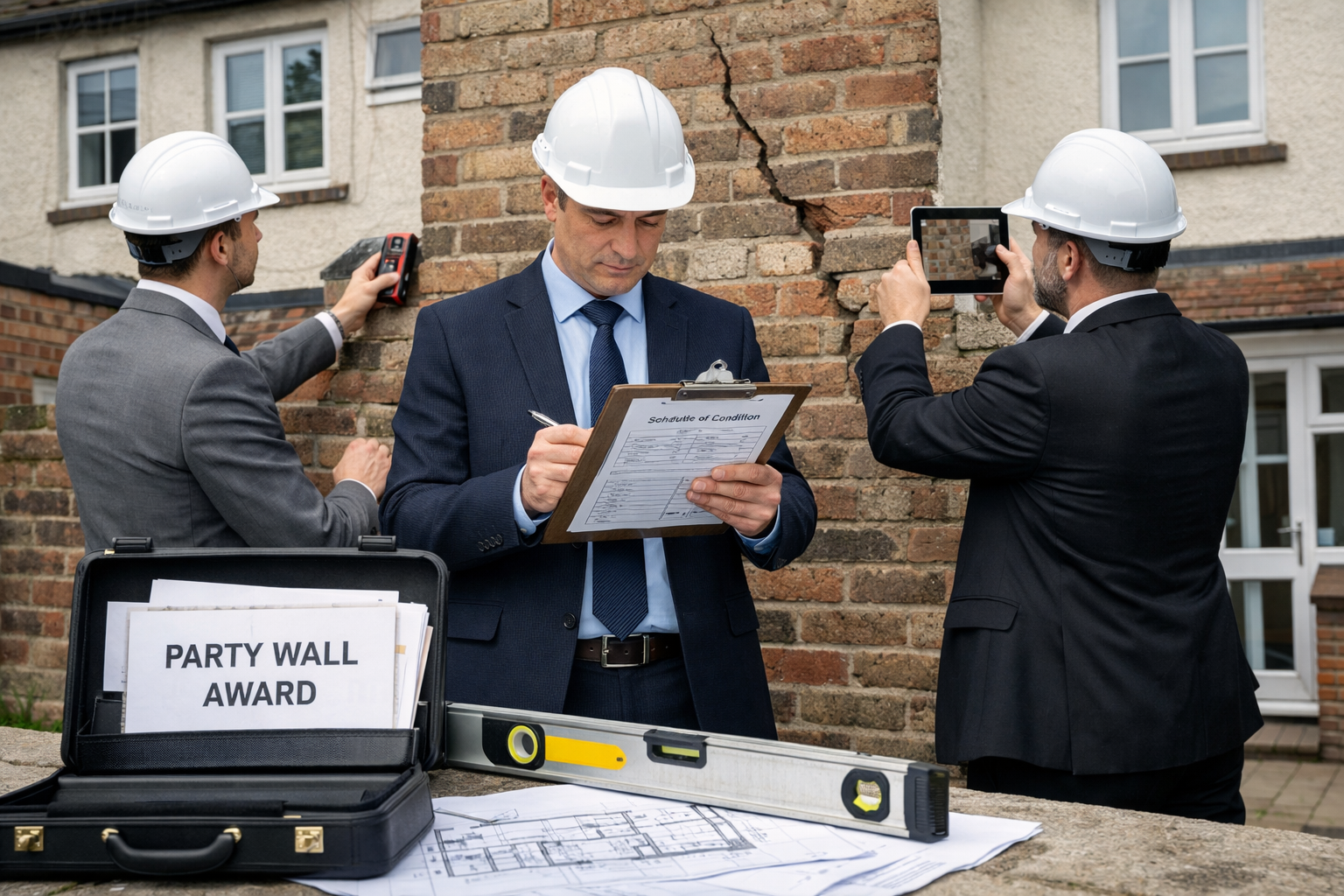 () professional photograph showing three surveyors in business attire and hard hats conducting a site inspection at a