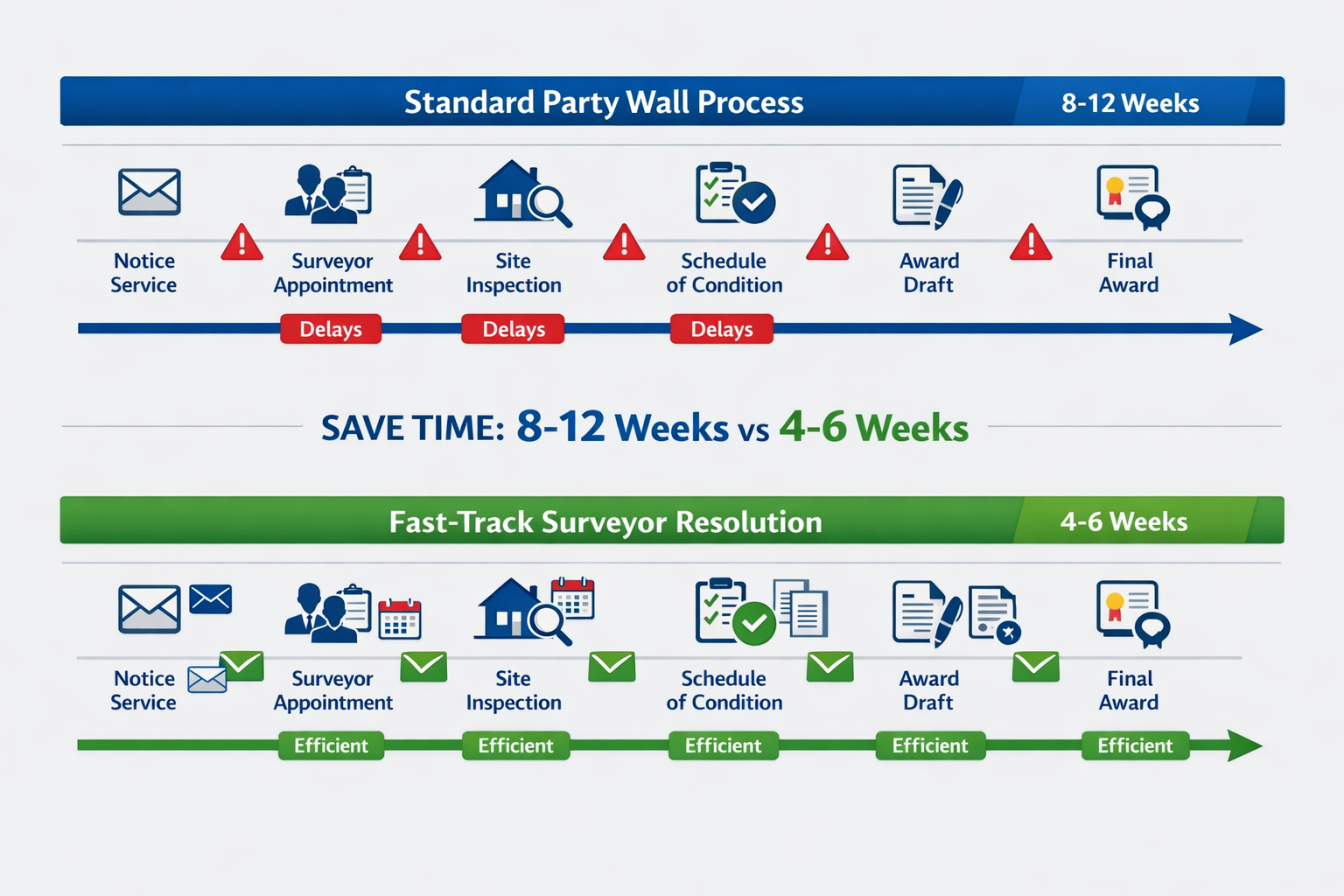 () comparison chart visual showing two parallel timelines: 'Standard Party Wall Process' (top) spanning 8-12 weeks with