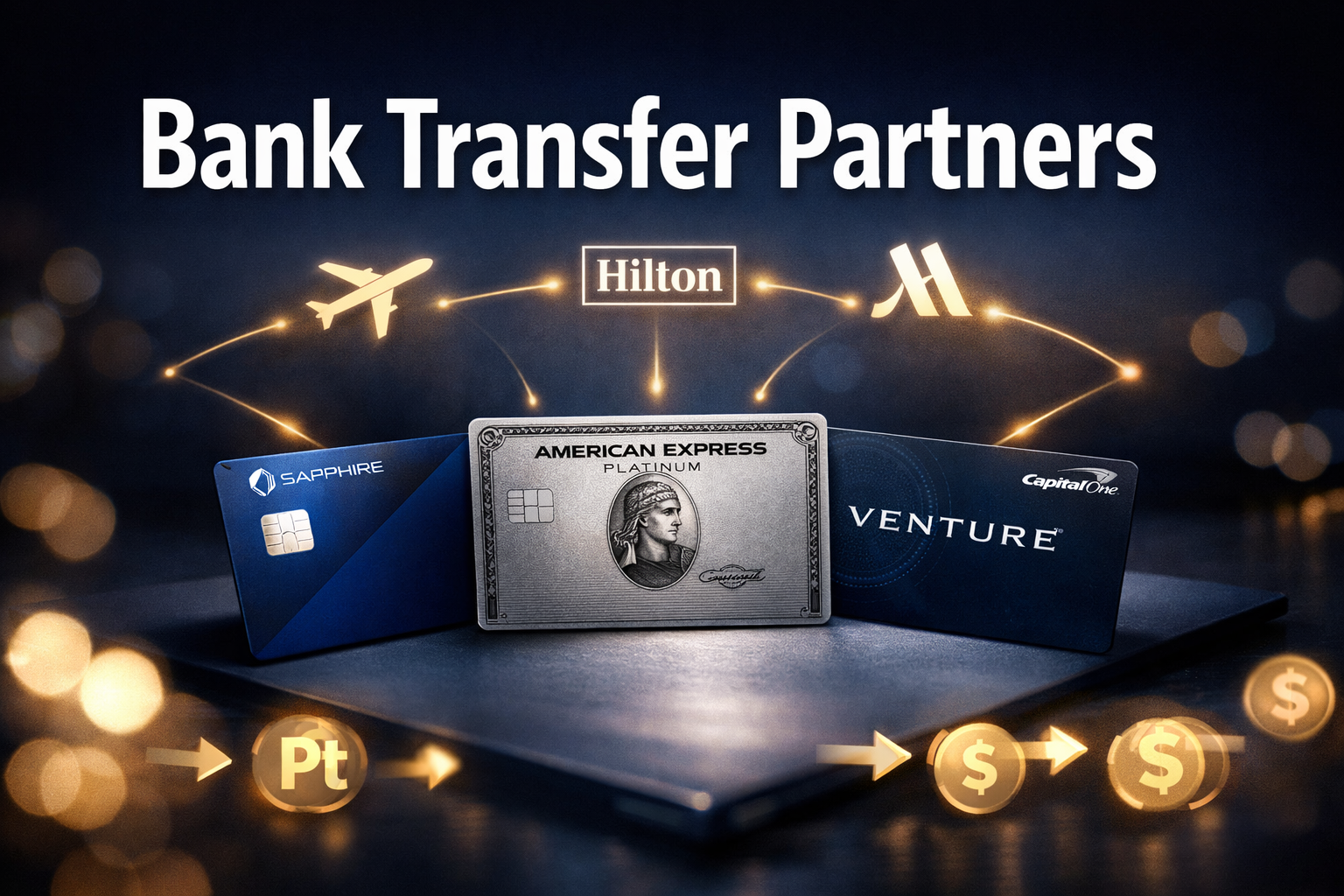 Bank Transfer Partners (Points Currencies) Professional landscape editorial hero image (1536x1024) featuring bold text overlay 'Bank Transfer Partners' in extra large 70pt white sans-