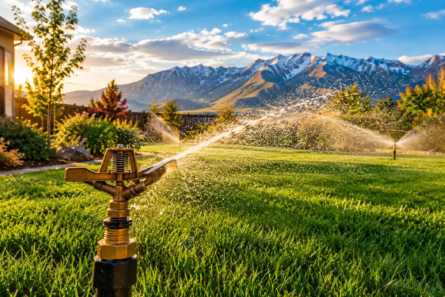 Editorial () cover image, no . A lush suburban Utah backyard lawn in late afternoon golden light, sprinkler heads actively