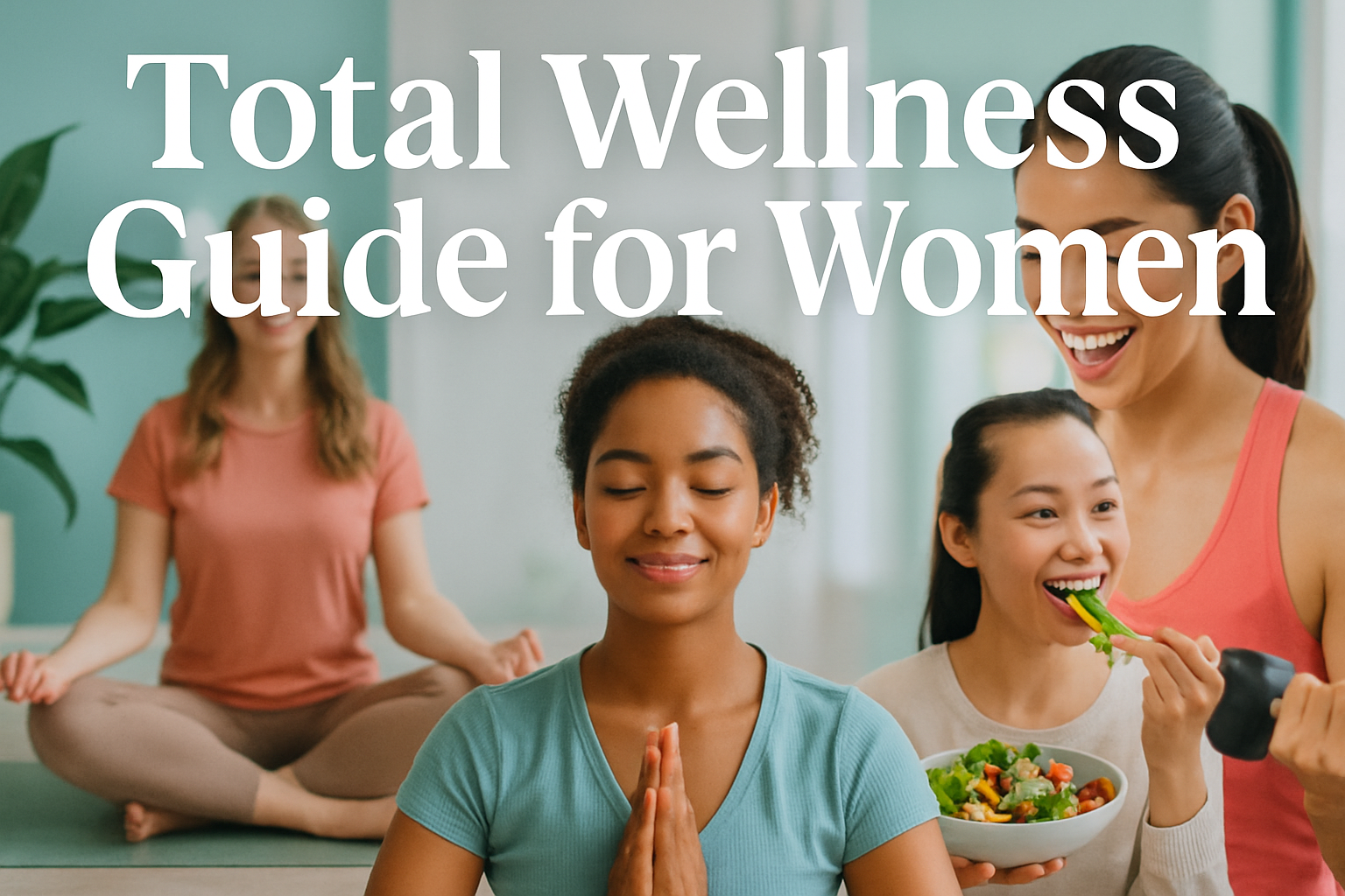 Professional landscape hero image (1536x1024) featuring bold text overlay 'Total Wellness Guide for Women' in extra large 72pt white sans-se