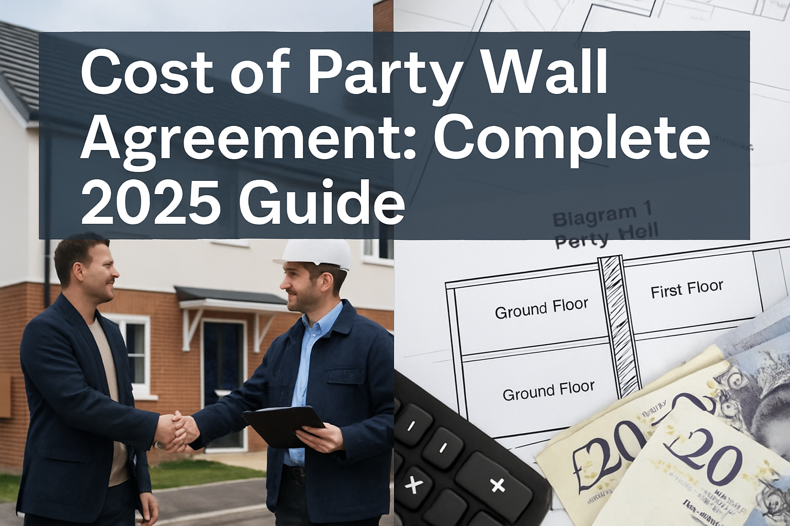 Professional landscape hero image (1536x1024) featuring bold text overlay 'Cost of Party Wall Agreement: Complete 2025 Guide' in extra large