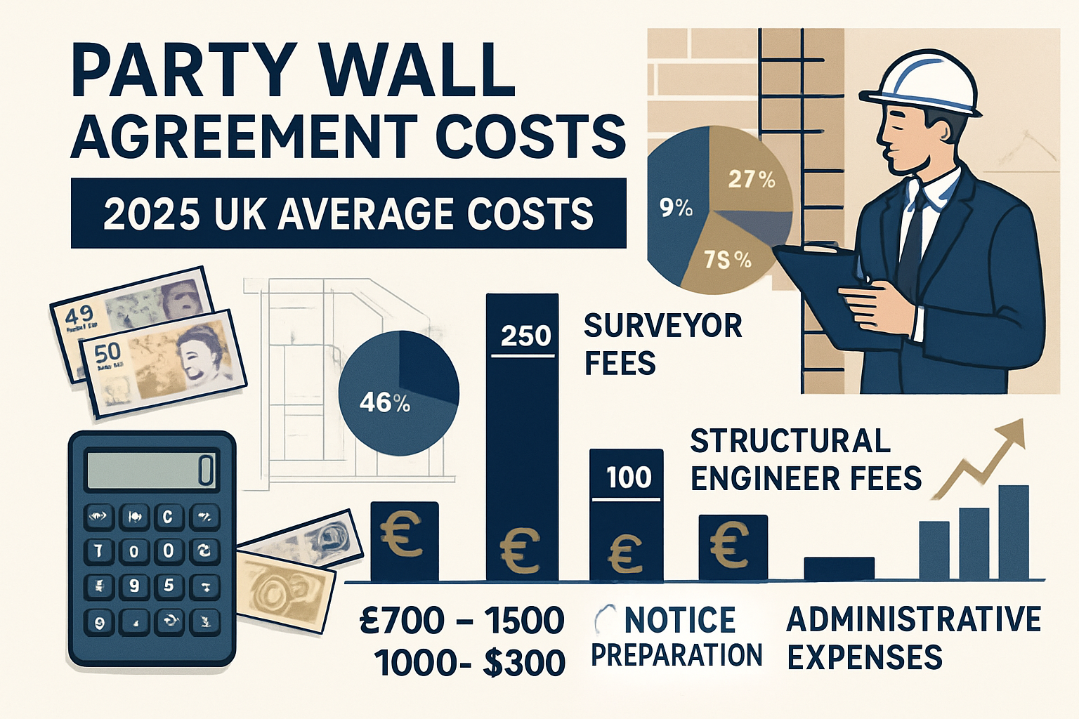 Detailed landscape infographic (1536x1024) showing comprehensive cost breakdown of party wall agreement expenses in 2025. Visual includes it