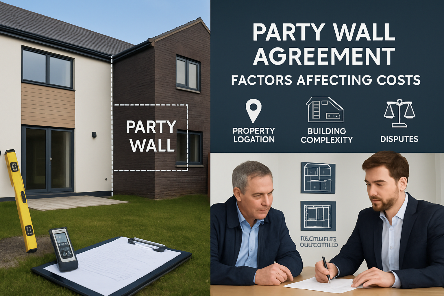 Professional landscape editorial image (1536x1024) illustrating party wall agreement process and factors affecting costs. Split-screen compo