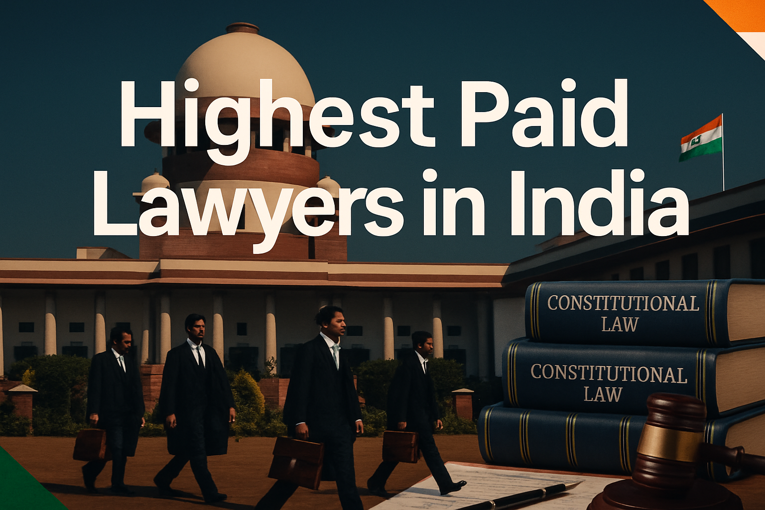 Professional landscape hero image (1536x1024) featuring bold text overlay 'Highest Paid Lawyers in India' in extra large 72pt white sans-ser