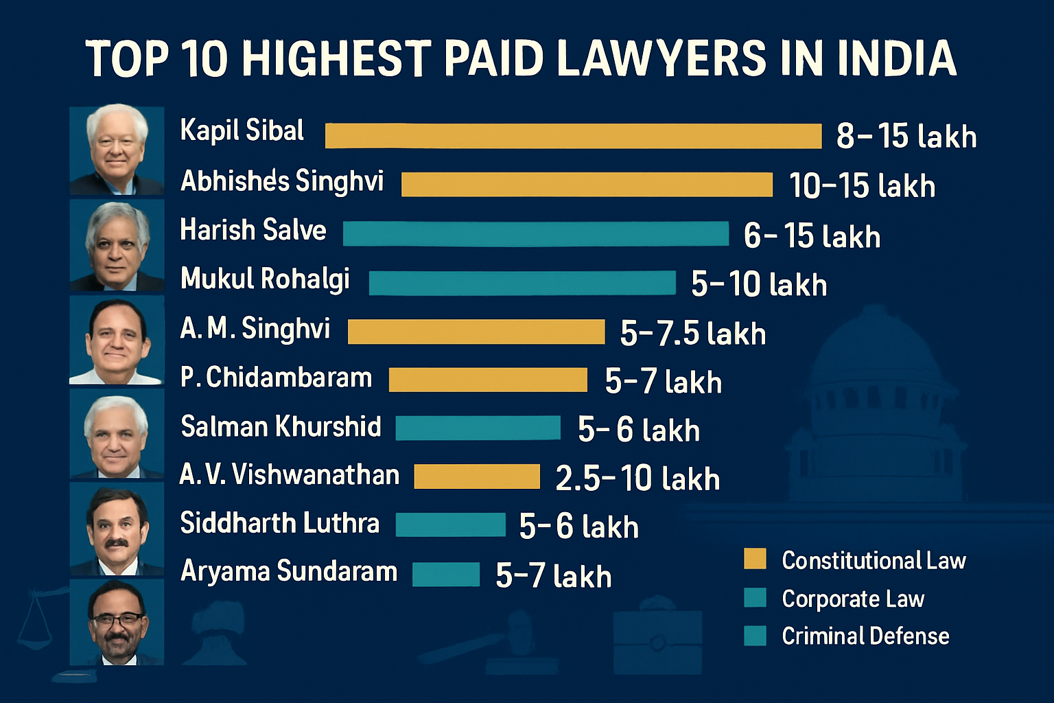 Detailed infographic showing top 10 highest paid lawyers in India with professional headshots arranged in descending order by fees, clean mo