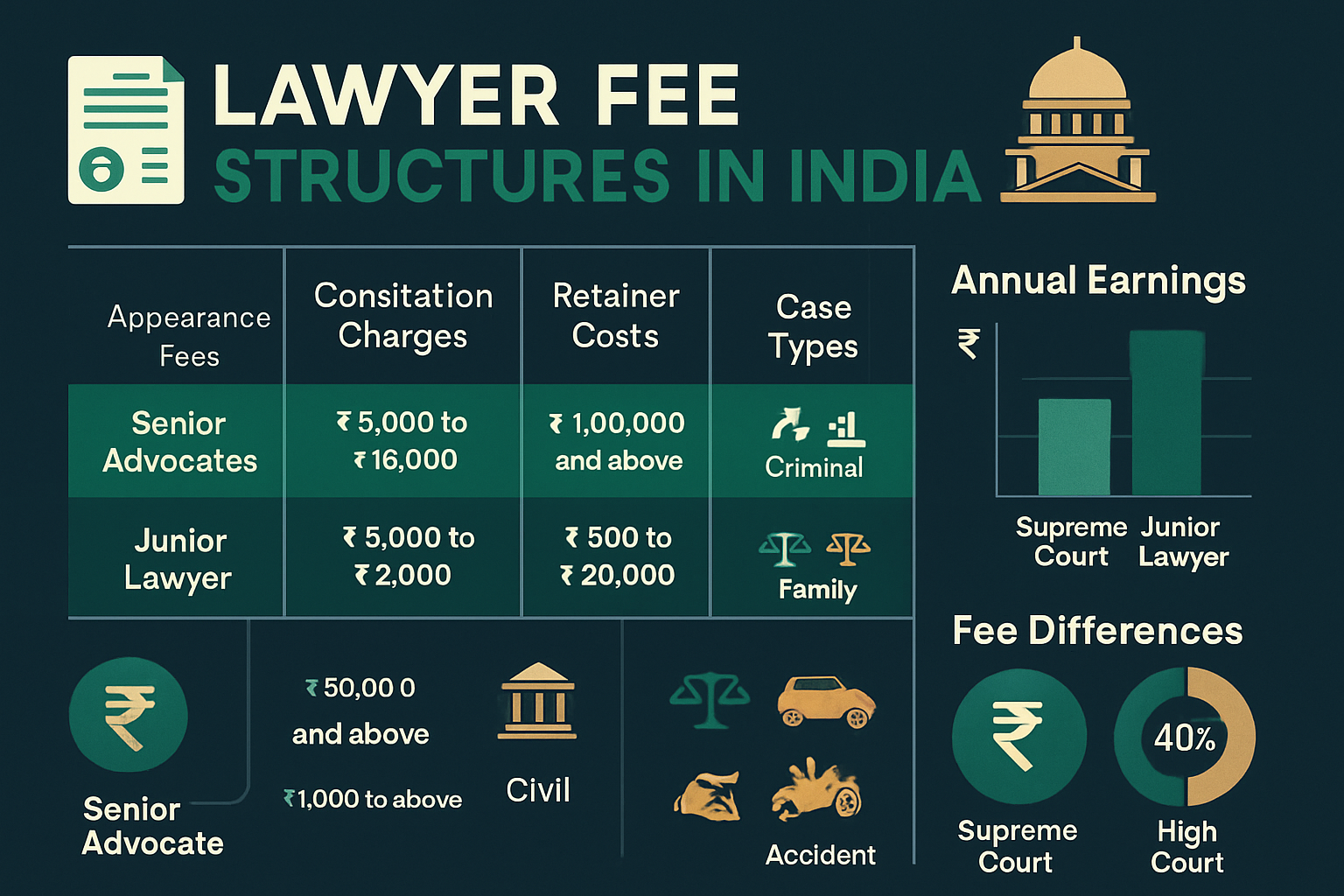 Comprehensive visual breakdown of lawyer fee structures in India showing comparison table with columns for appearance fees, consultation cha