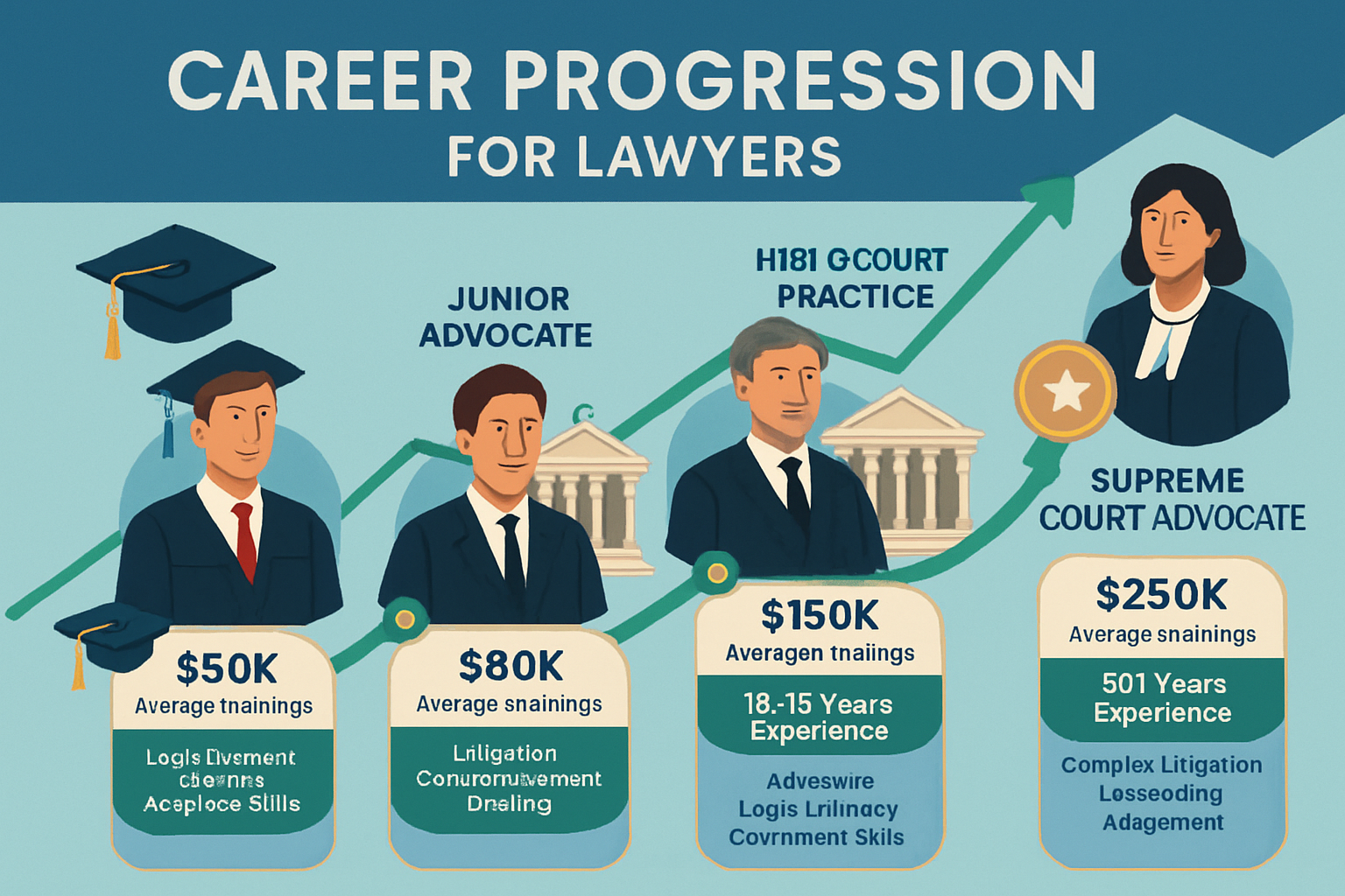 Inspiring career progression timeline infographic for aspiring lawyers showing journey from law school to Supreme Court advocate. Visual pat