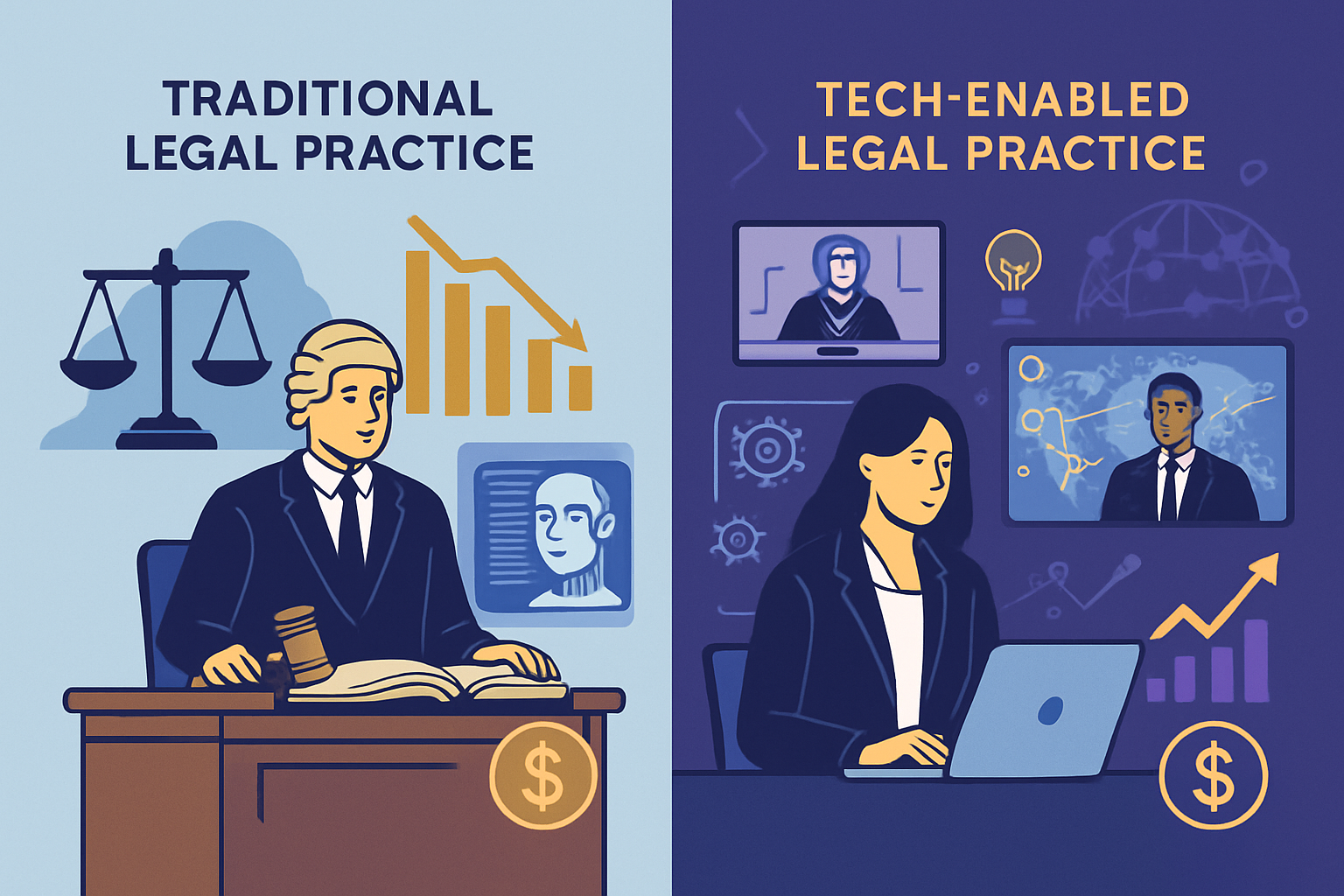 Modern illustration showing impact of technology and specialization on legal profession earnings in 2025. Split-screen composition comparing