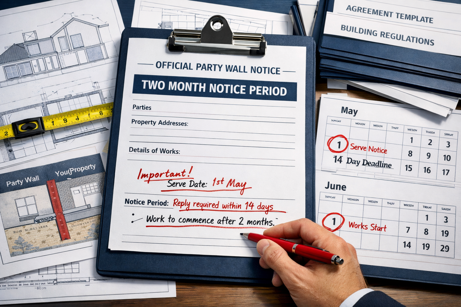 Detailed () image showing close-up of official Party Wall Notice document on clipboard with 'Two Month Notice Period' header