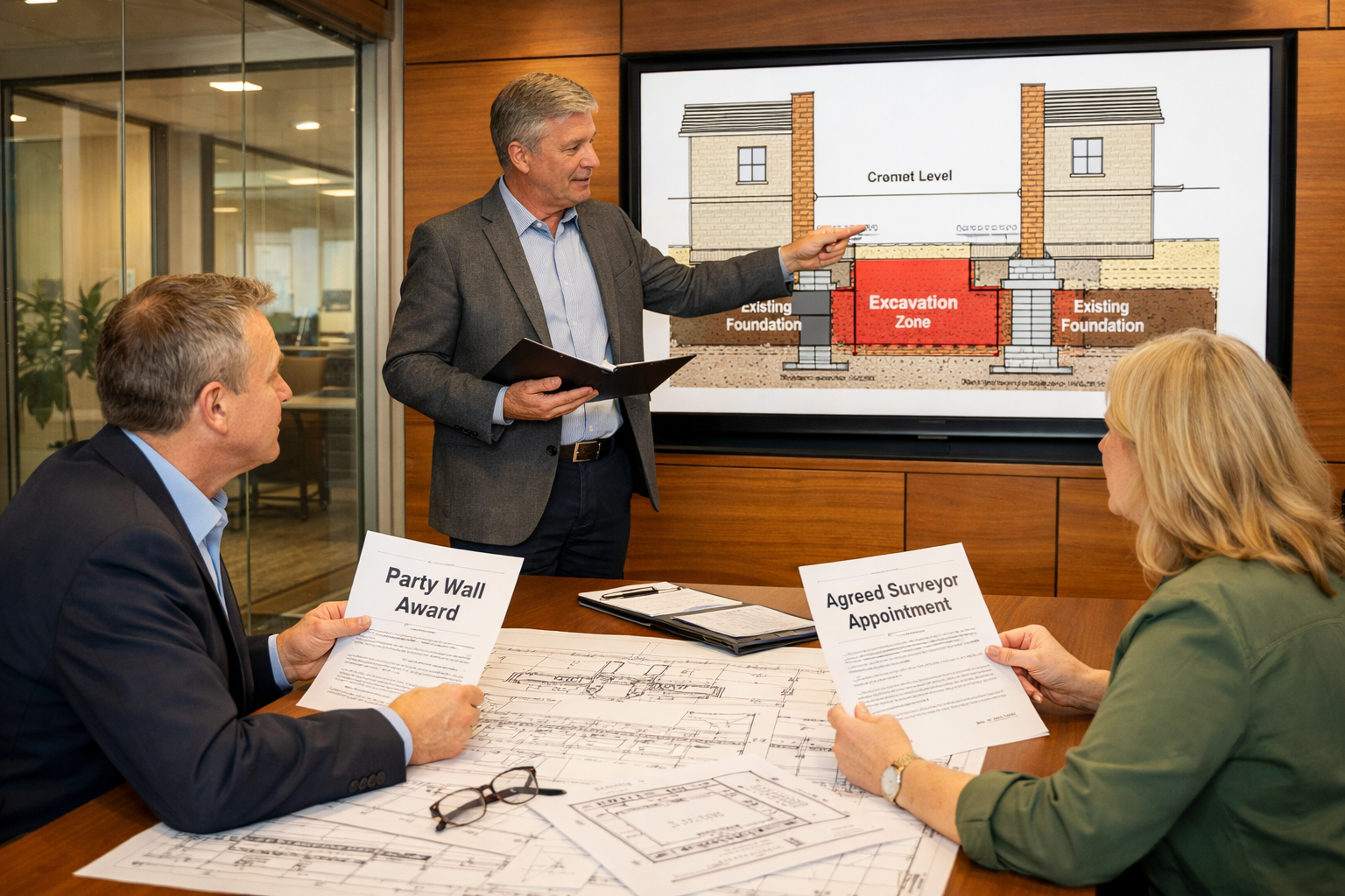 () image depicting professional negotiation scene with institutional landlord representative and adjoining property owner