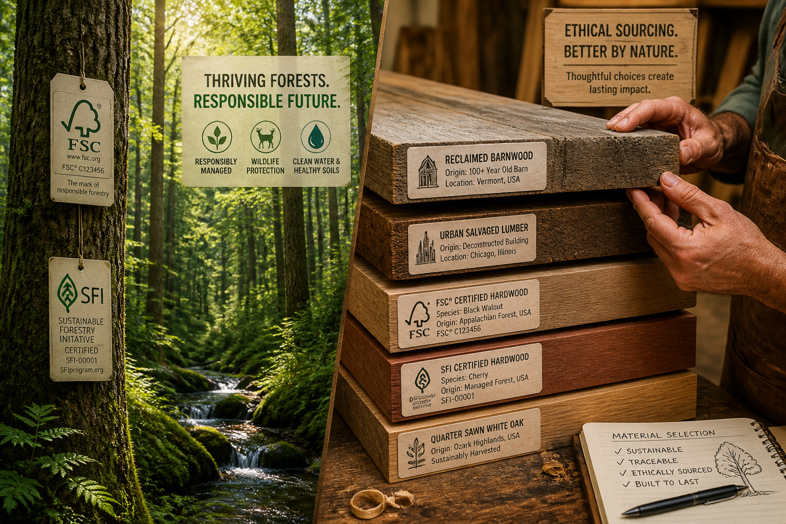 Detailed () image featuring a split visual: one side shows a thriving, certified sustainable forest (FSC or SFI tags visible