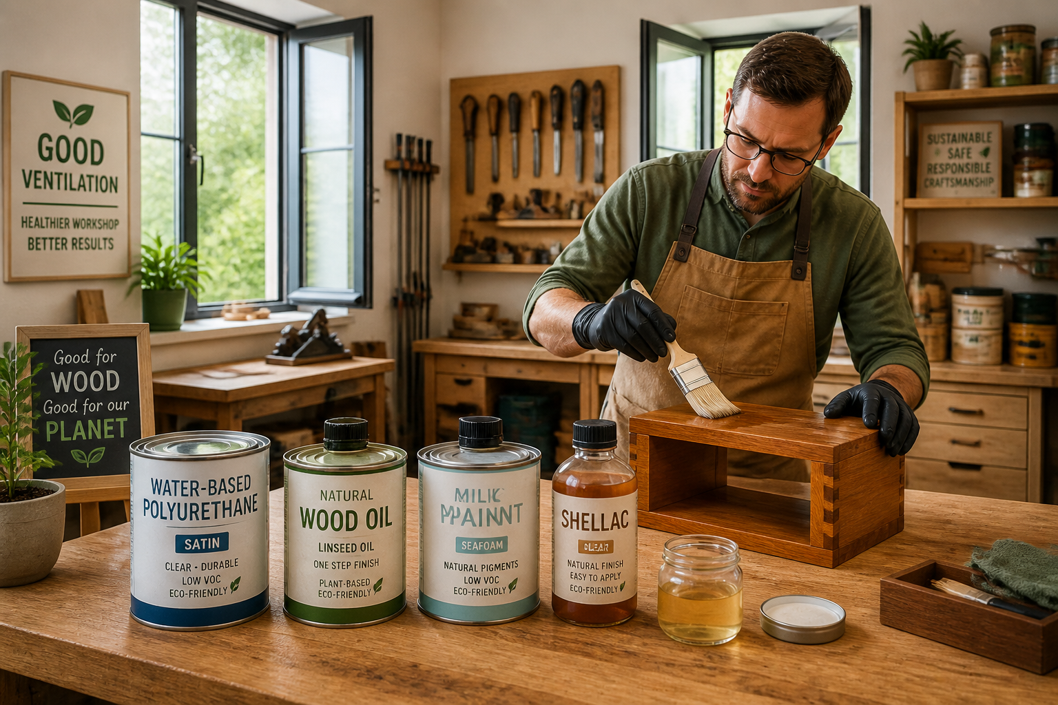 Detailed () image showing a well-lit woodworking shop with a focus on a workbench where various containers of eco-friendly