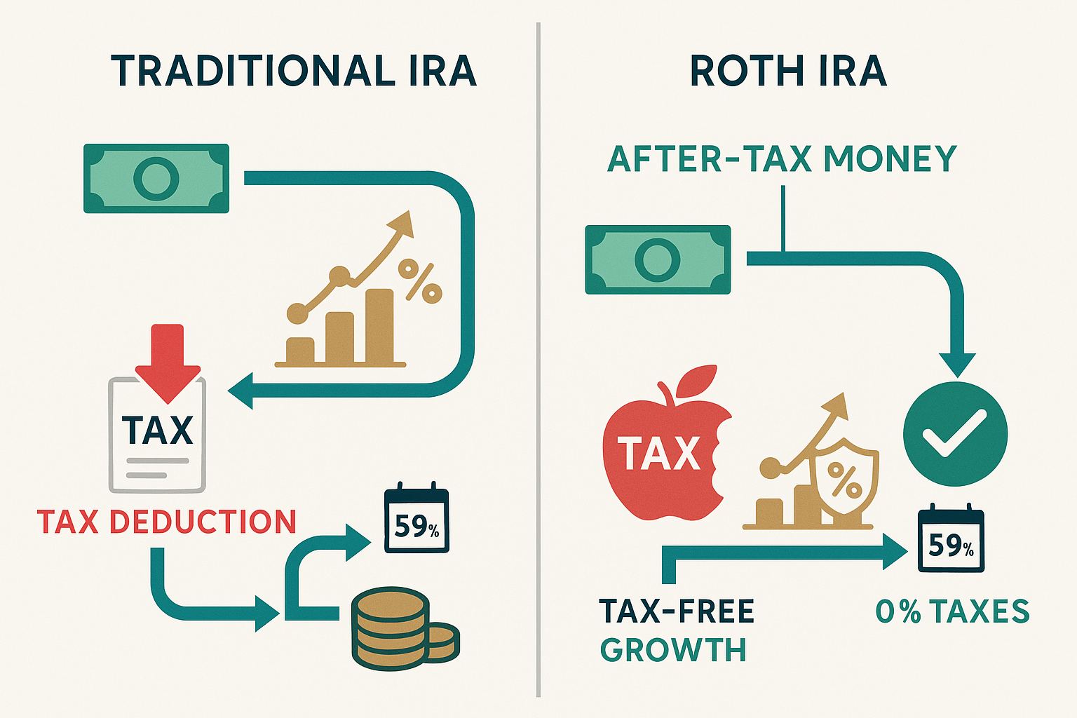 Detailed infographic-style illustration (1536x1024) showing side-by-side comparison of Roth IRA and Traditional IRA tax treatment. Left pane