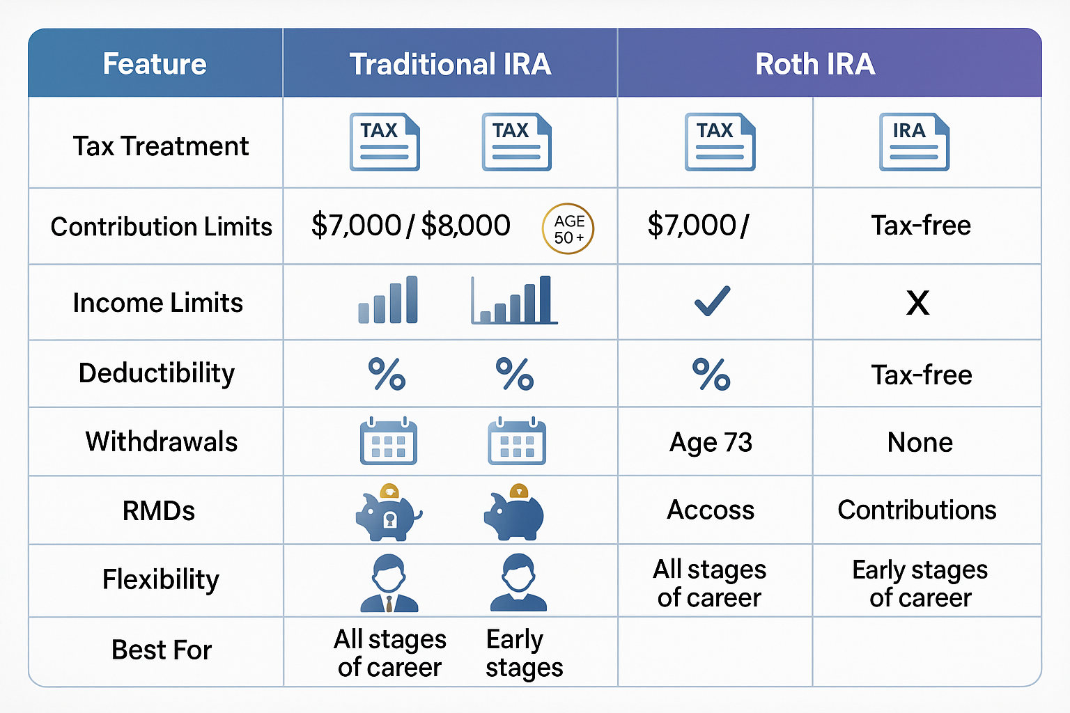 Interactive visual comparison table (1536x1024) displaying 8 key differences between Roth and Traditional IRA in modern grid layout. Column 