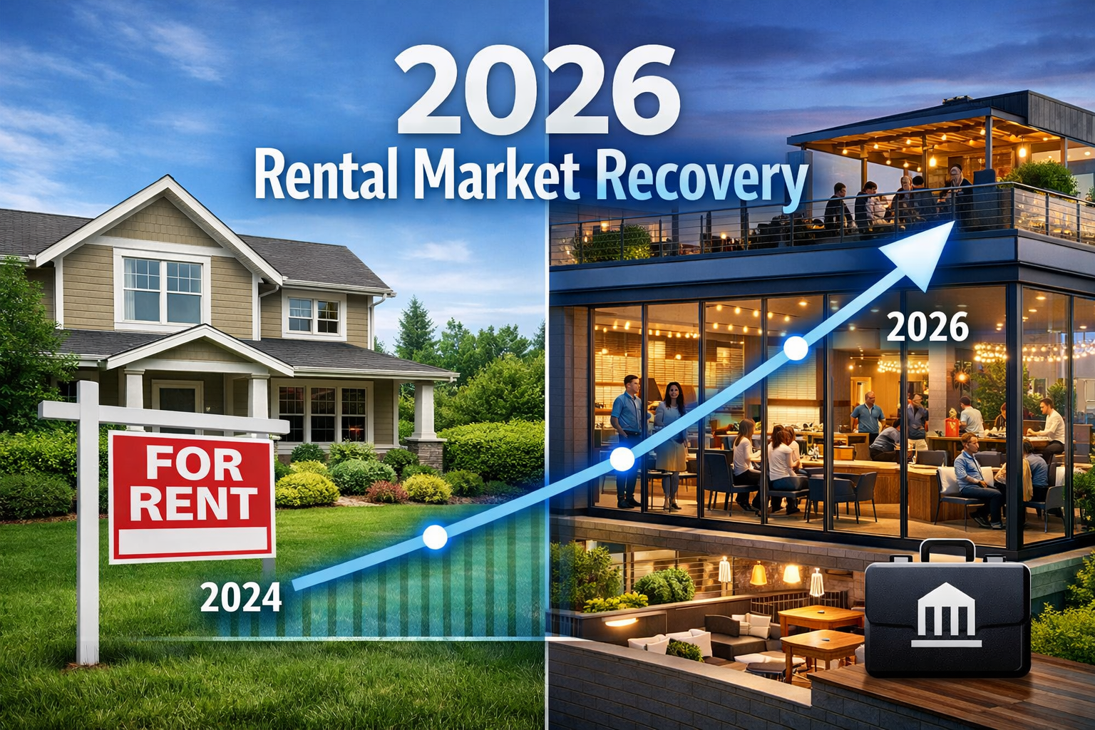 Detailed () image showing split-screen composition: left side displays traditional single-family rental property with 'FOR