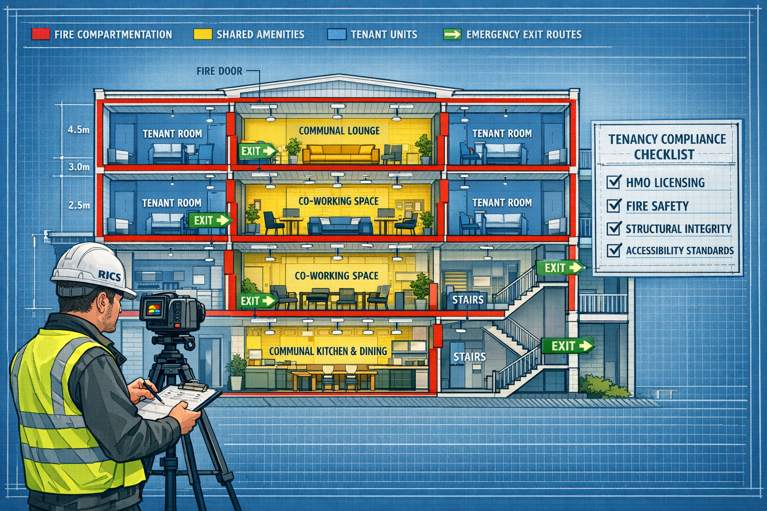 Comprehensive () technical illustration showing detailed cross-section cutaway view of multi-story co-living building with