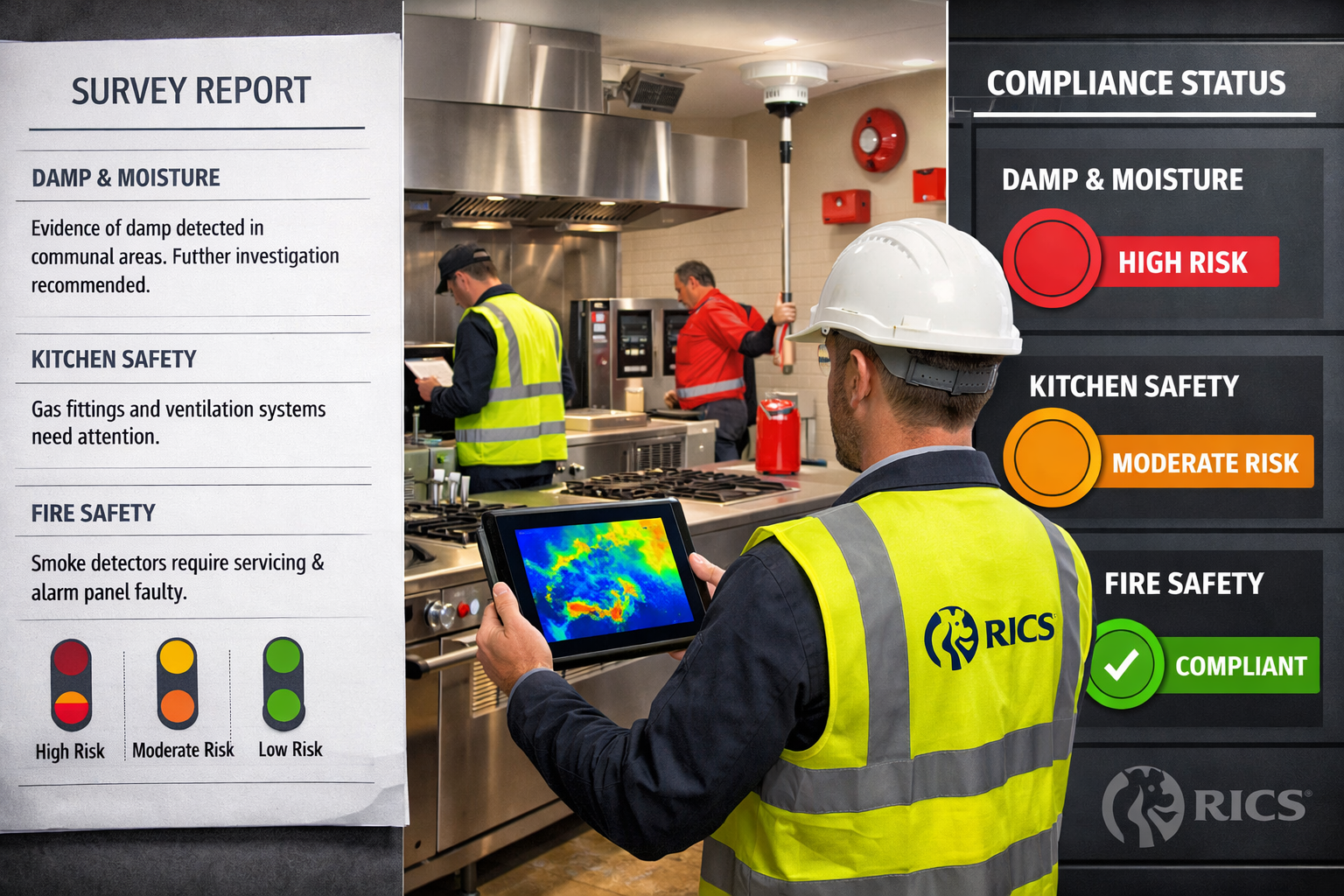 Professional () image depicting modern surveyor conducting comprehensive building assessment in co-living development: