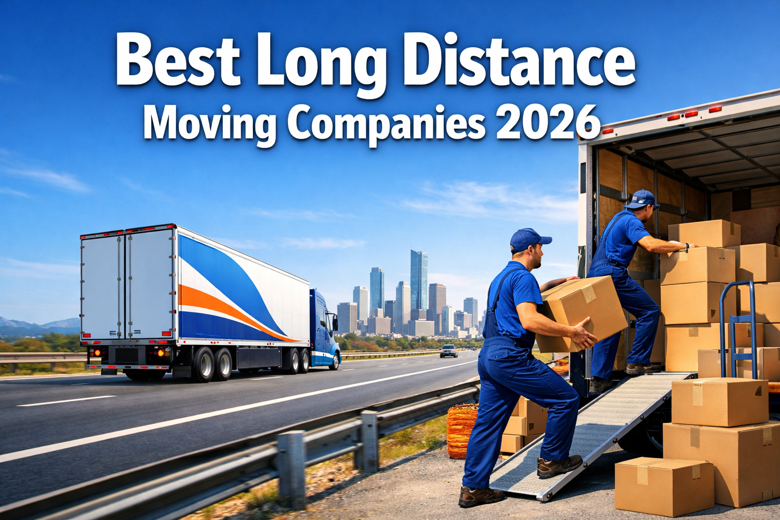 Professional () hero image with 'Best Long Distance Moving Companies 2026' in extra large white with dark , positioned in