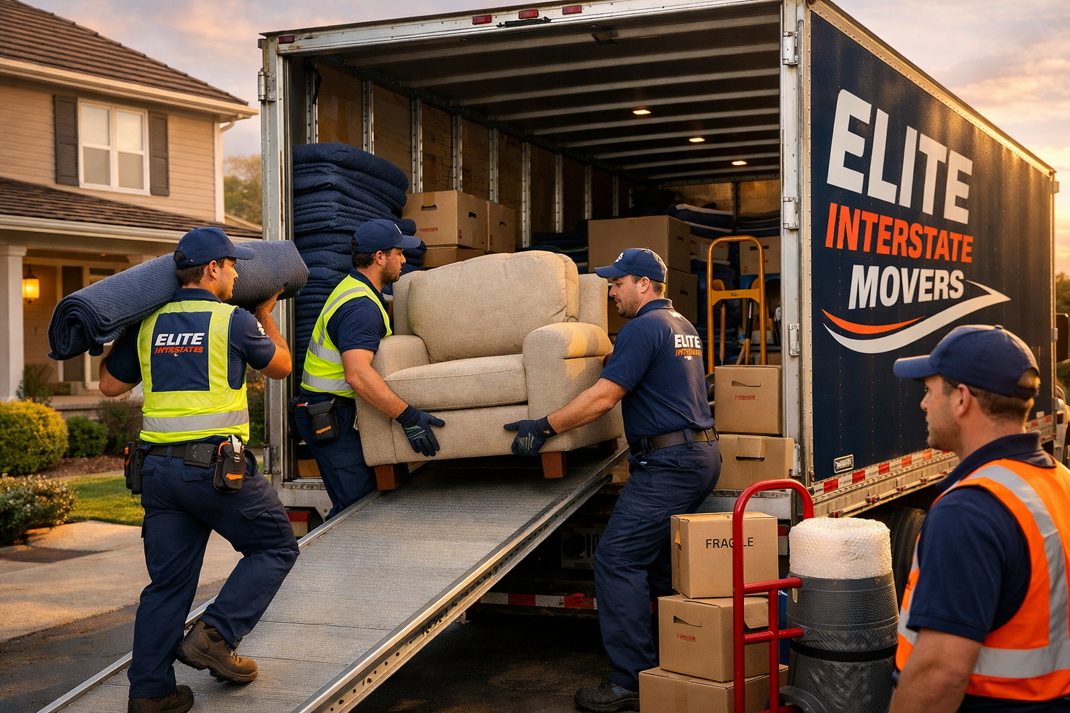 () professional scene showing moving crew carefully loading furniture into large interstate moving truck, safety equipment