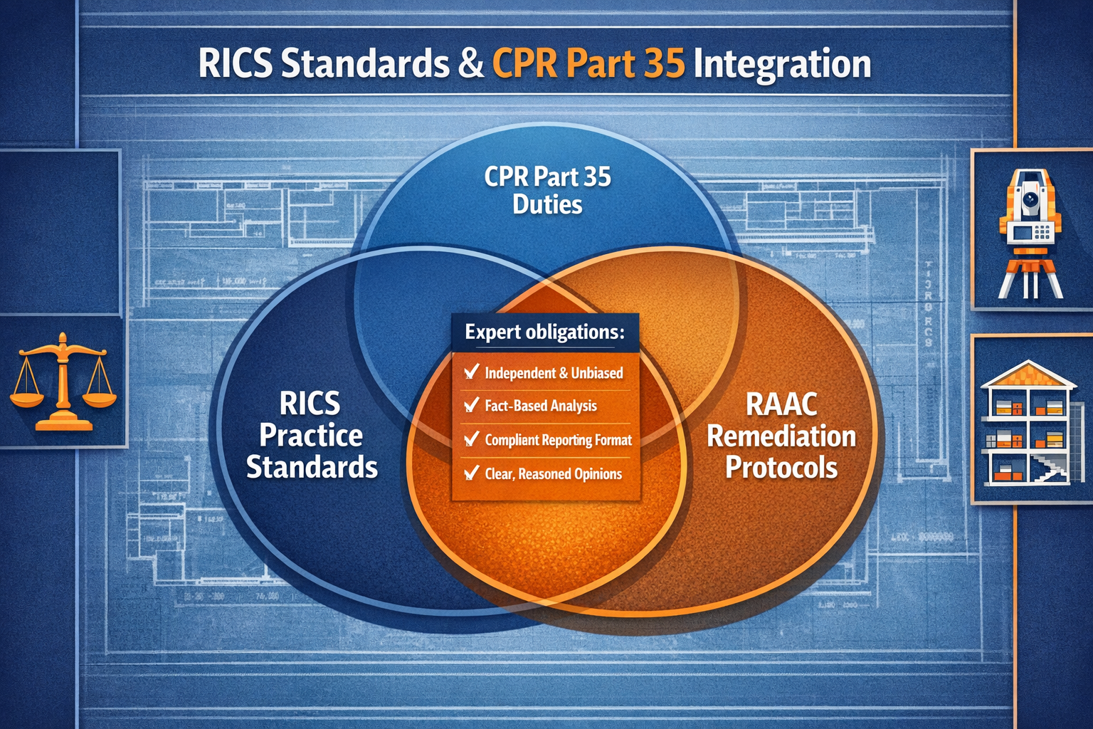 () detailed infographic showing RICS standards integration with CPR Part 35 requirements as a Venn diagram with three