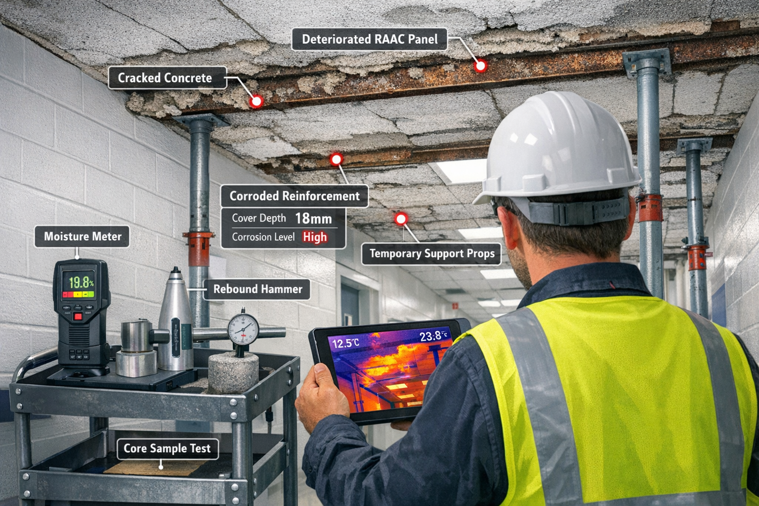 () technical illustration showing surveyor conducting RAAC concrete site inspection in hospital corridor. Wide-angle
